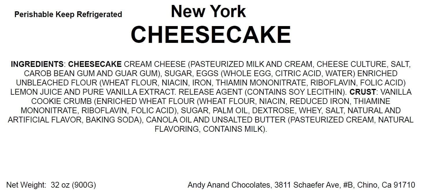 Handcrafted 9-inch New York style cheesecake from Andy Anand, freshly baked with cream cheese and vanilla cookie crumb crust, made with high-quality ingredients and natural flavors.