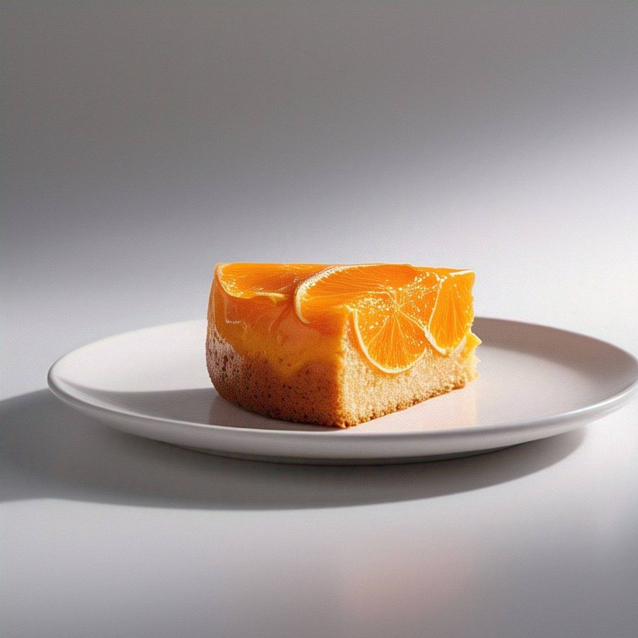Slice of Andy Anand Deliciously Indulgent Sugar Free Orange Cake with fresh orange topping on white plate