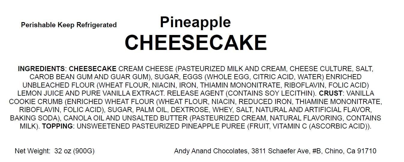 Andy Anand Chocolates Food & Beverages > Desserts & Sweets > Bakery > Cheesecake Andy Anand Pineapple Cheesecake, 9-Inch, 2 lb – Luxurious NY-Style, Real California Cream Cheese, Handcrafted, No Preservatives Gift Box Pineapple Cheesecake 9 inch 2 lb | Nationwide