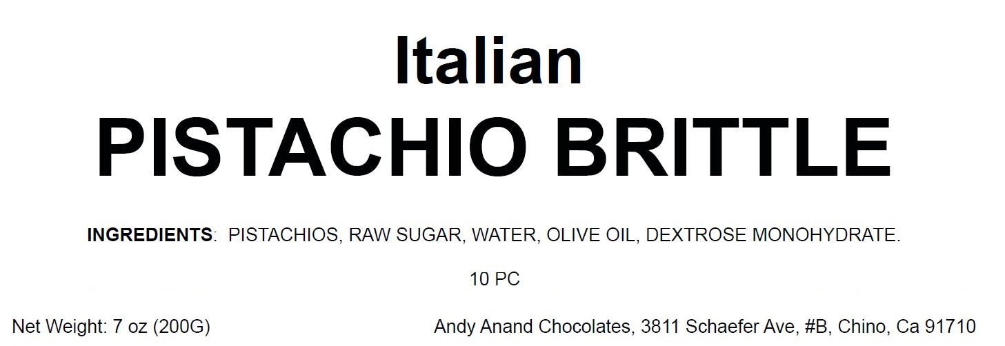 Italian Pistachio Brittle by Andy Anand with pistachios, raw sugar, olive oil, and dextrose, 7 oz pack
