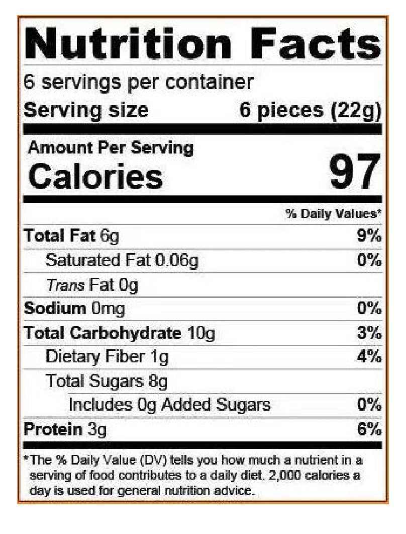 Nutrition facts label showing calories and nutrients per serving for Pistachio Brittle.