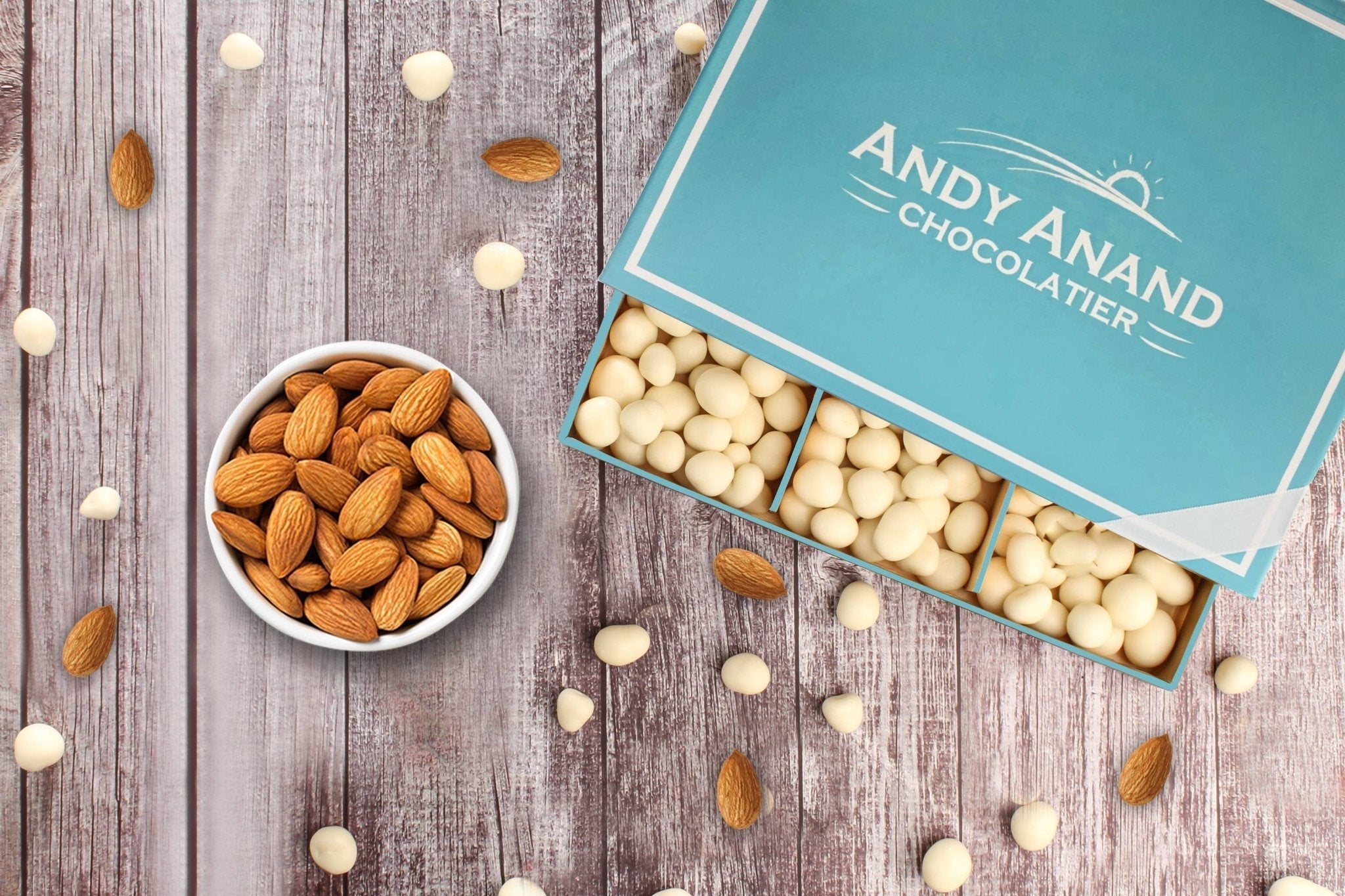 Premium California Greek Yogurt Almonds covered in delectable white chocolate, a delightful snack made with care by Andy Anand Chocolates. All Products, Products.