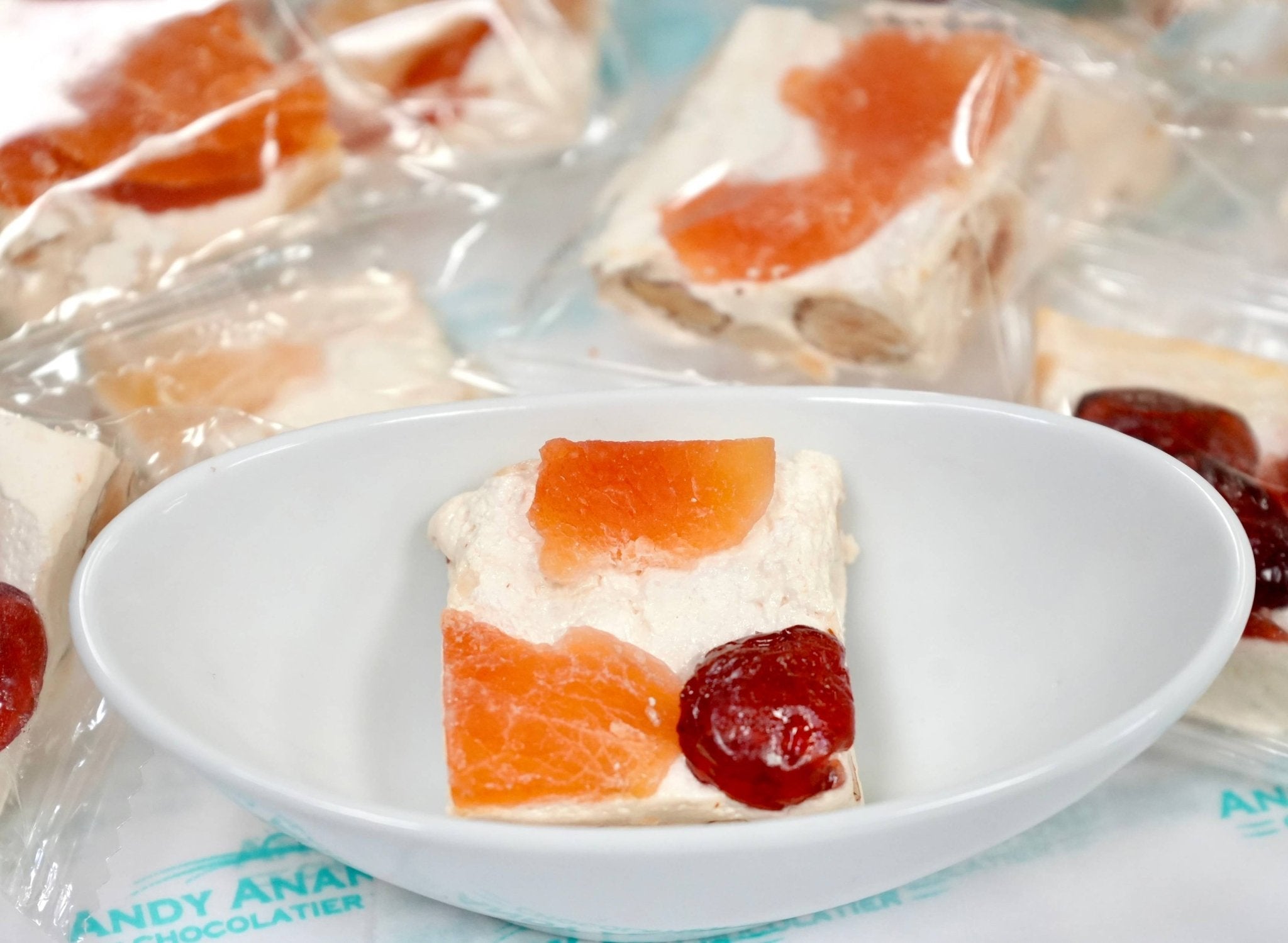 Roasted Almond Fruit Nougat soft exotic fruit nougat brittle, 11 bite-sized - 7 oz, Andy Anand Chocolates, All Products,Products,Soft Brittle Nougat,-Brittle,Brittle / Turron