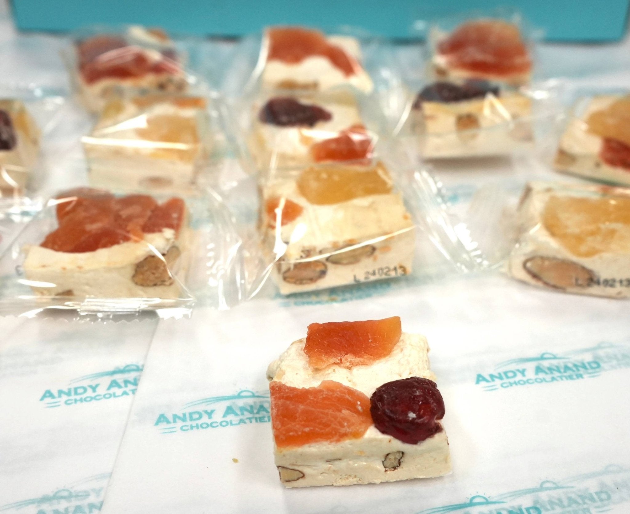Andy Anand Chocolates Food & Beverages > Desserts & Sweets > Nougat Andy Anand Soft Exotic Fruit Nougat Brittle, 7 oz – Italian Sicilian Honey, 38% Almonds & Dried Fruits, Gluten-Free Gourmet Birthday Gift Roasted Almond Fruit Soft Nougat 22 pc | Nationwide