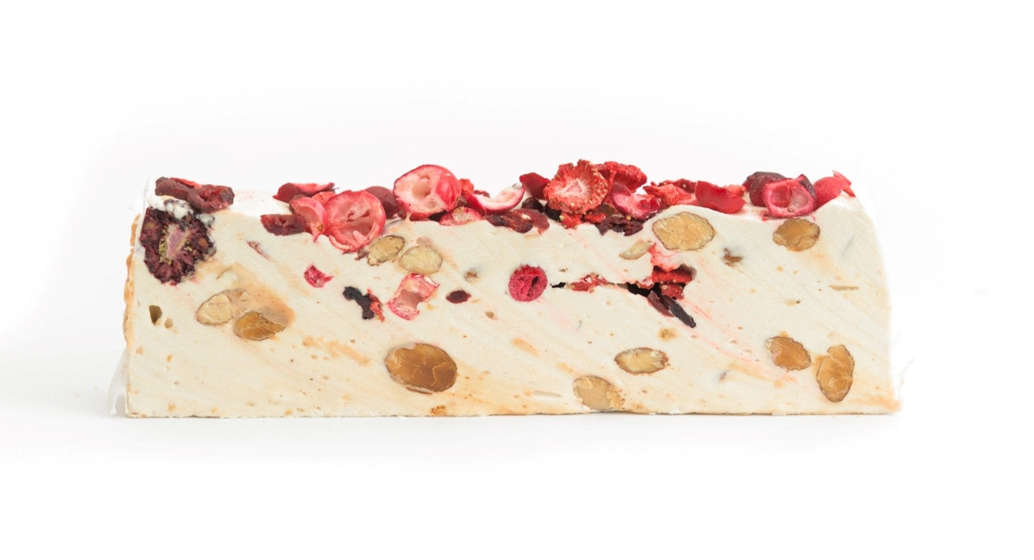 Gluten Free Strawberry Nougat Delectable soft nougat with strawberry, brittle, and turron from Spain - a gluten-free, irresistible treat. Andy Anand Chocolates, All Products, Products, Soft Brittle Nougat, -Brittle, Brittle / Turron