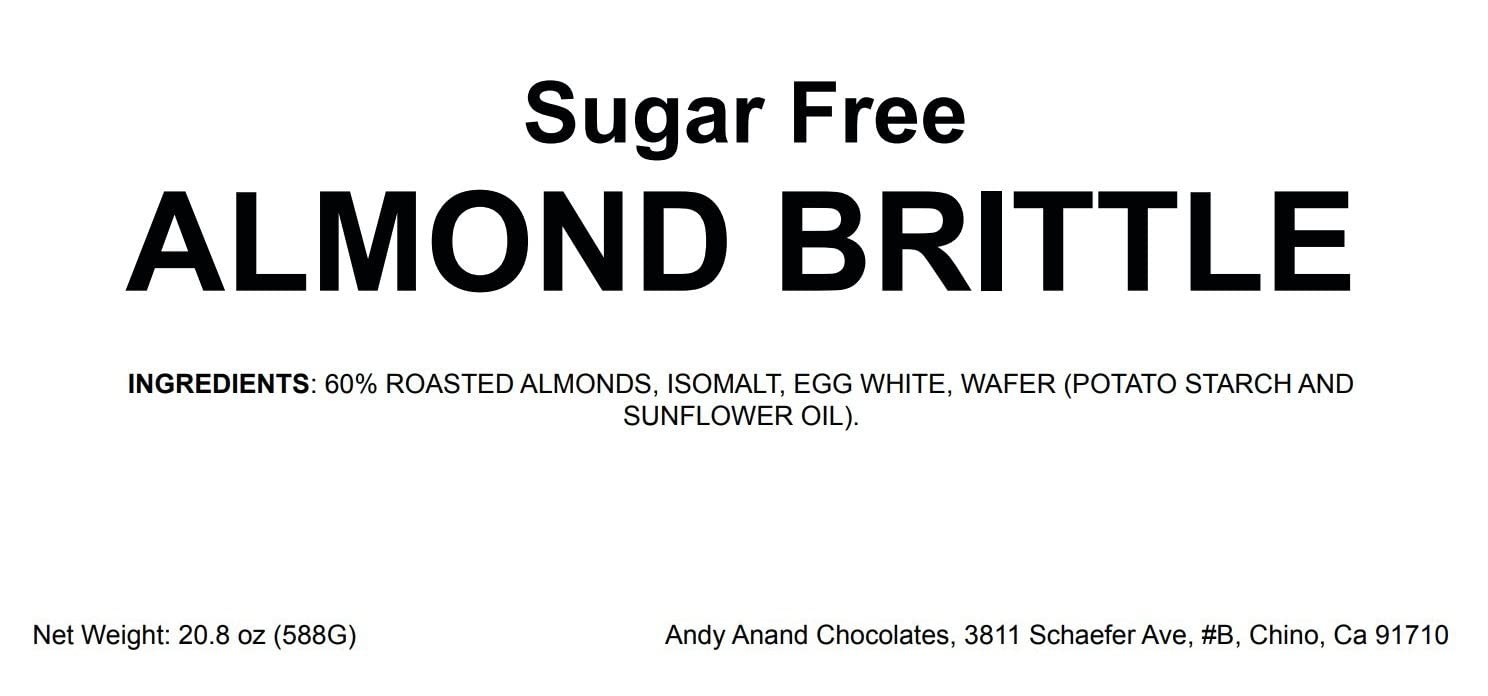 Sugar & Gluten Free Almond Brittle Nougat Delectable sugar-free almond brittle, crafted with roasted almonds, egg white, and isomalt for a decadent, low-carb experience. Enjoy this artisanal treat from Andy Anand Chocolates, all products.