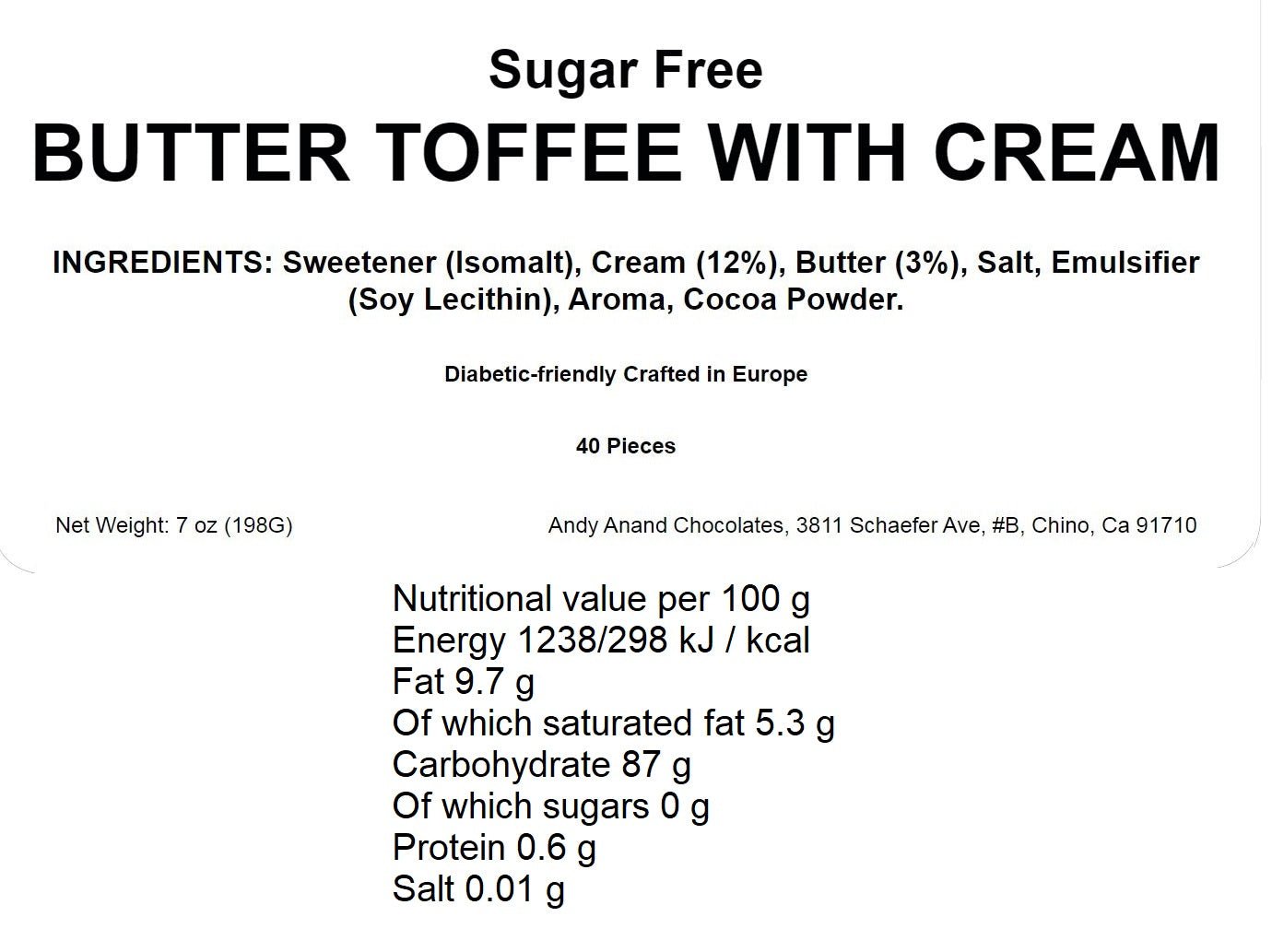 Sugar Free Butter Cream Toffee expertly crafted in Europe for a guilt-free indulgence. Imported Sugar Free Candies