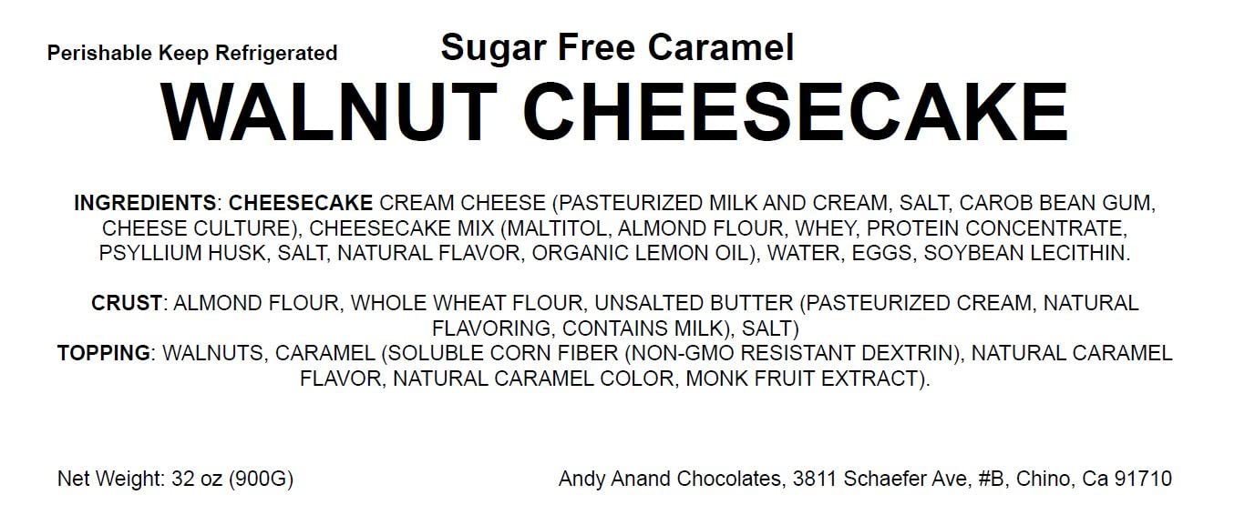 Sugar Free Caramel Walnut Cheesecake label highlighting ingredients and storage instructions for Andy Anand Chocolates, All Products, Products, Cheesecake Sugar Free.