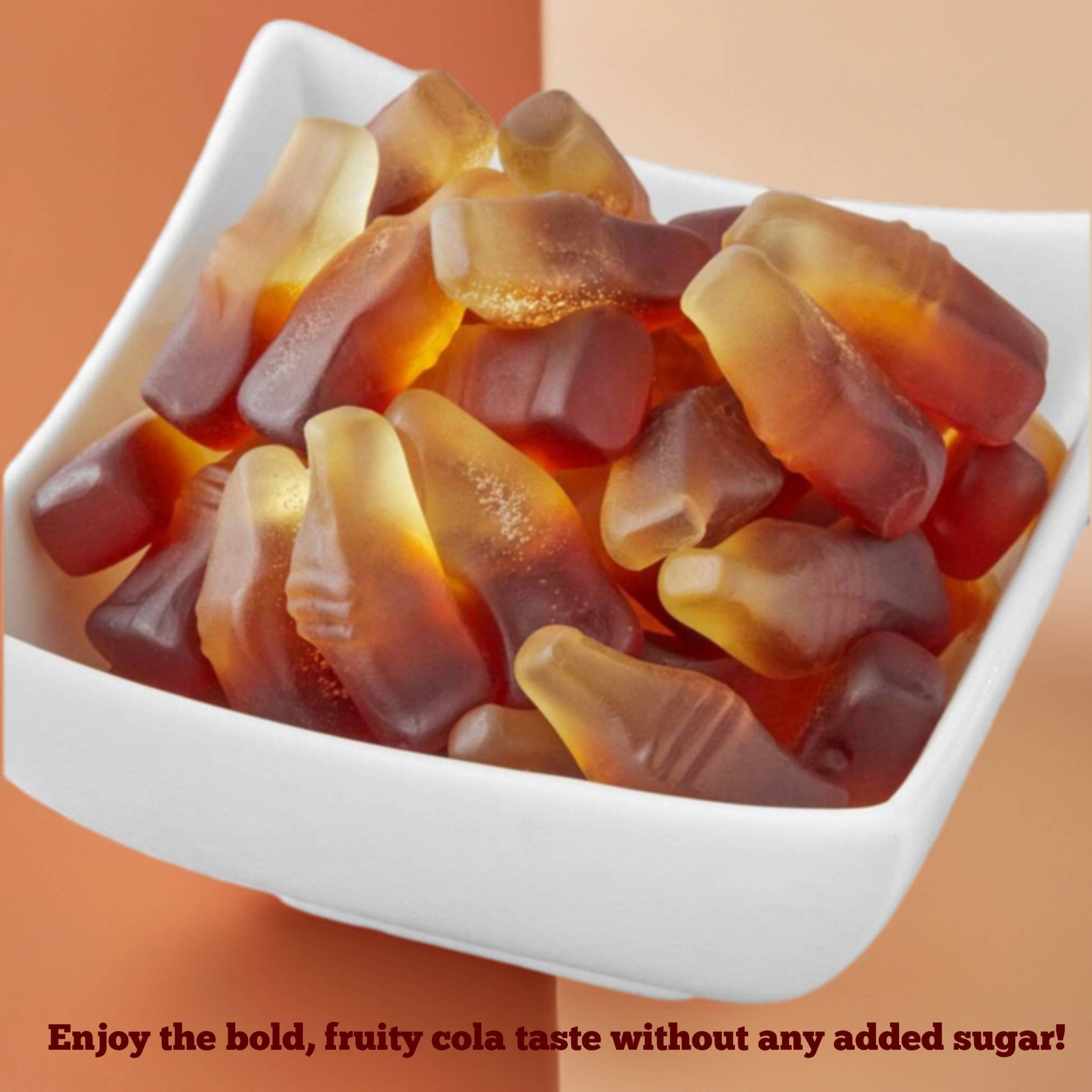 Andy Anand sugar-free cola gummies, 38 pcs, 7 oz, chewy fruity candy, bold cola flavor, beautifully plated.