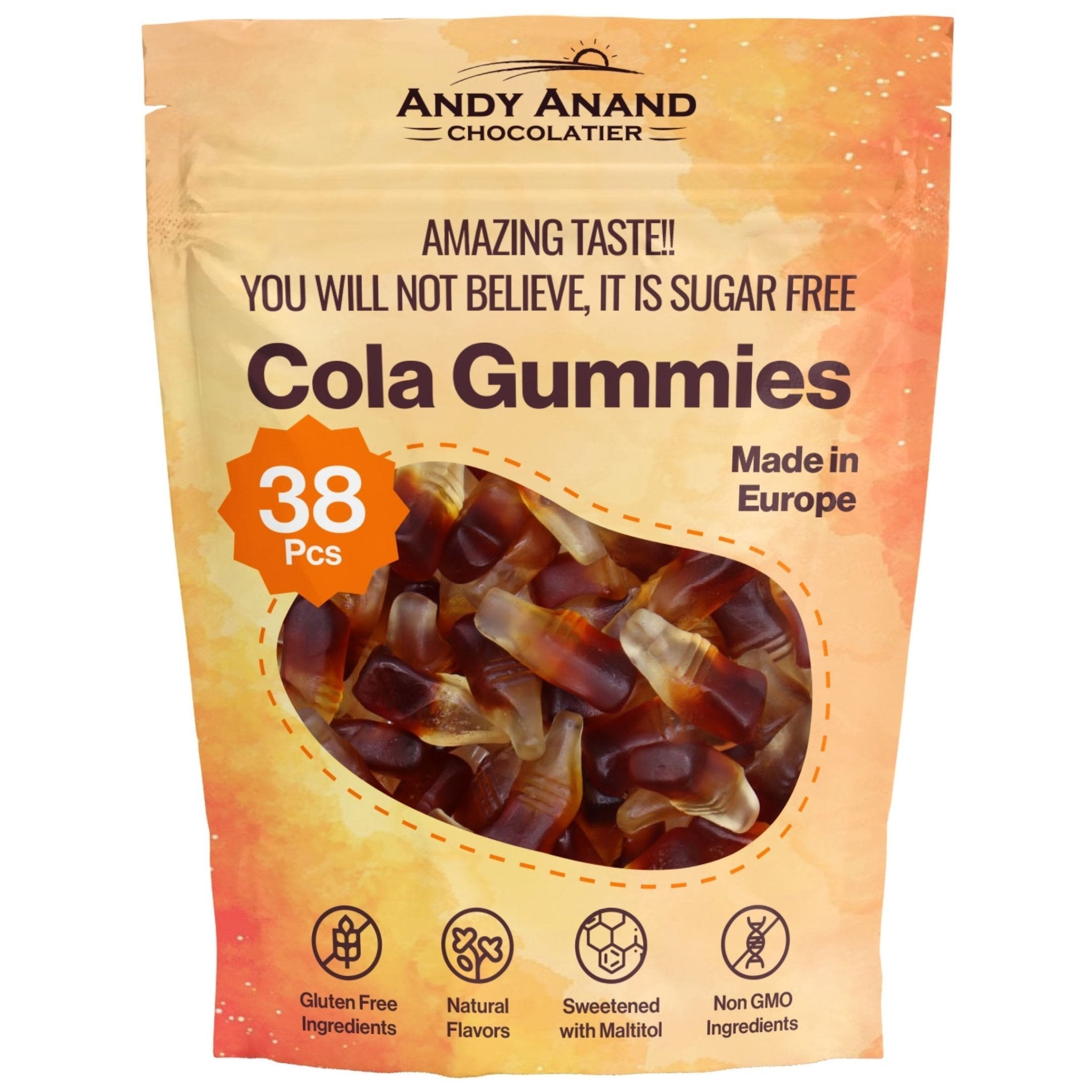 Sugar-free cola gummies 38 pcs, chewy fruity candy, gluten-free, made in Europe, and packed beautifully for gifting.