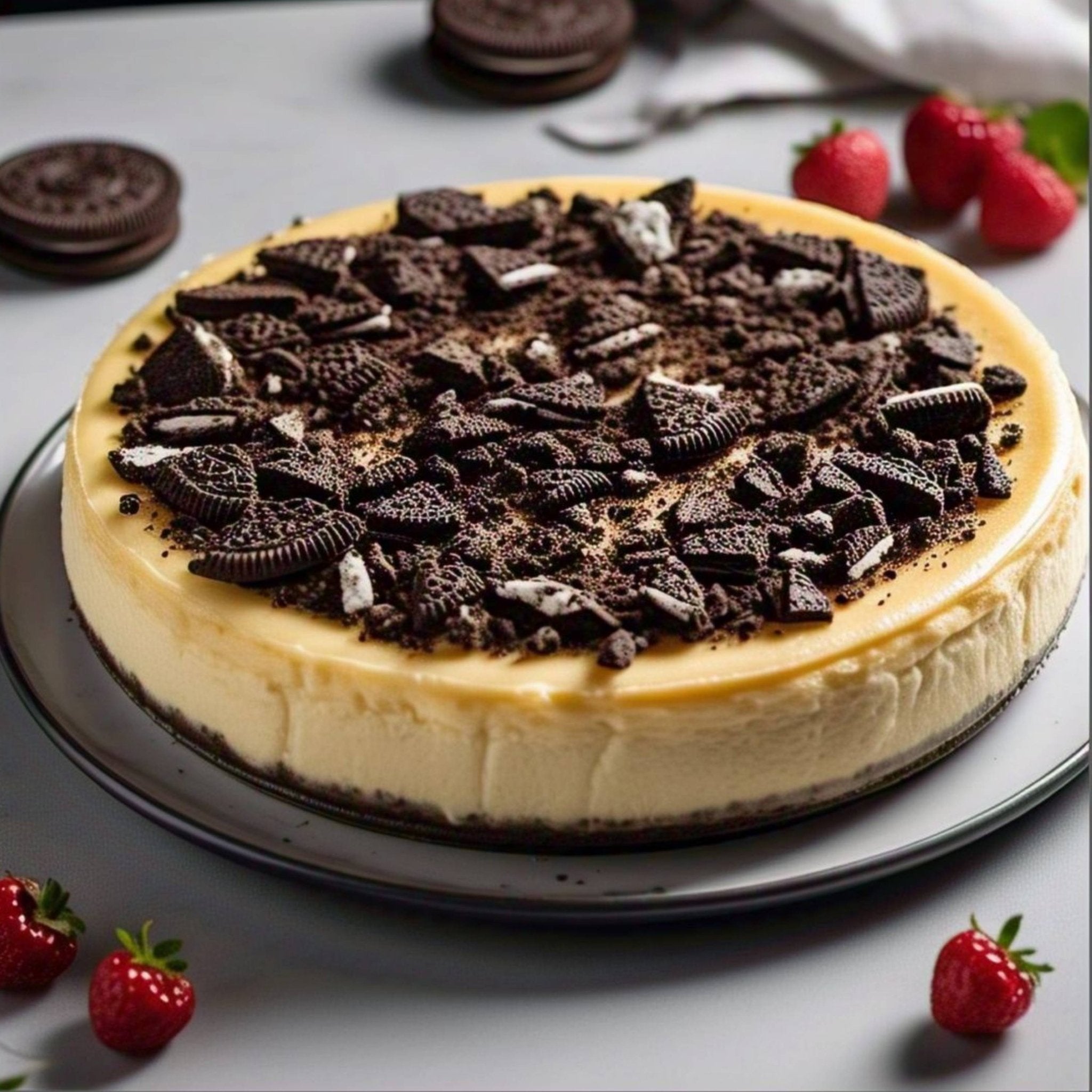 Sugar Free Cookies & Cream Cheesecake topped with crushed cookies on a plate with strawberries around.