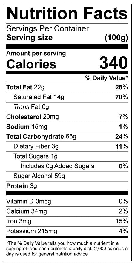 Nutrition facts label of Andy Anand Sugar Free Vanilla Butter Cream Chocolate showing calories, fat, cholesterol, sodium, carbohydrates, sugars, protein, and minerals per 100g serving.