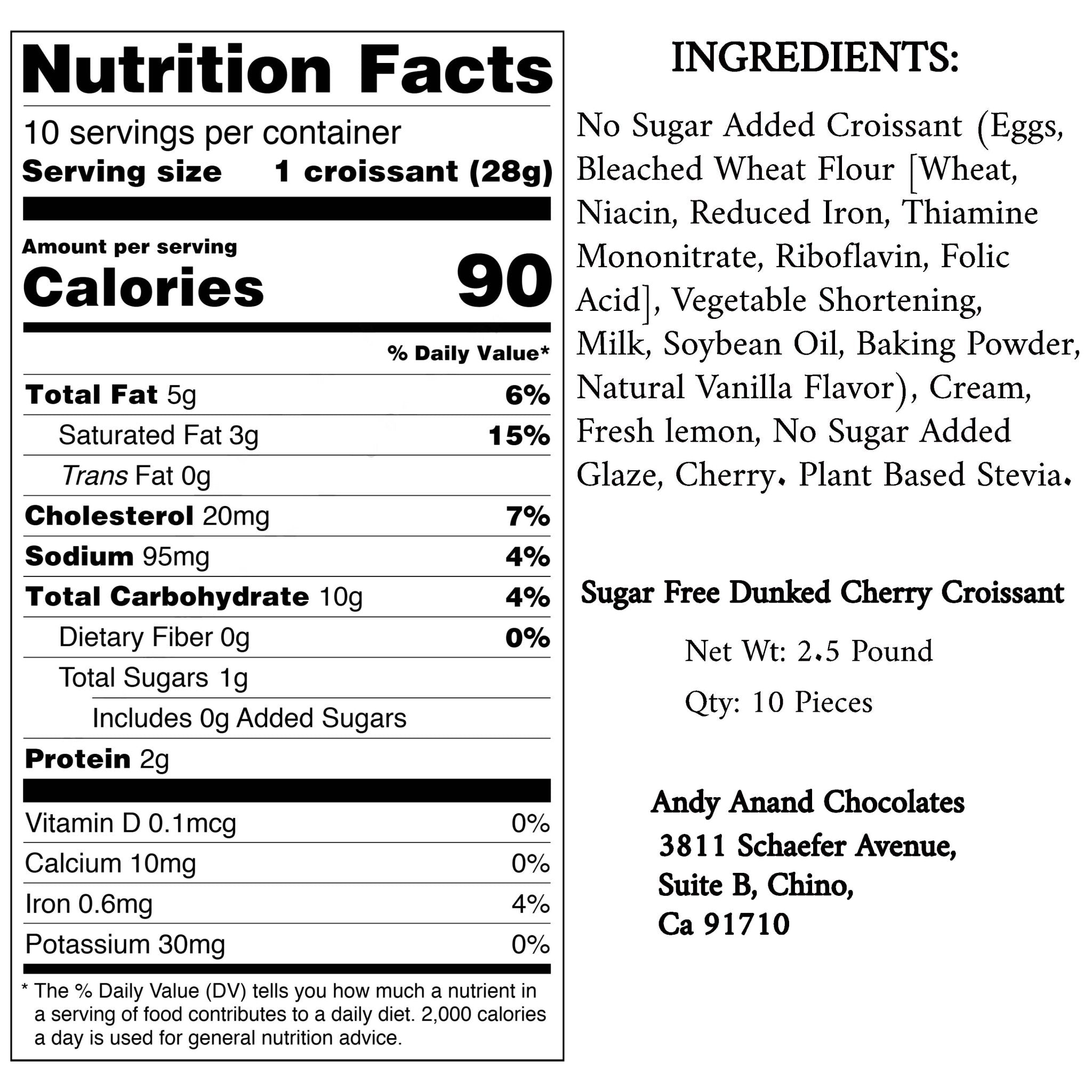 Andy Anand Sugar Free Cherry Chocolate Croissant Cake Style Dessert 2.5lbs, cake recipe,Ingredients & Nutrition Facts Details