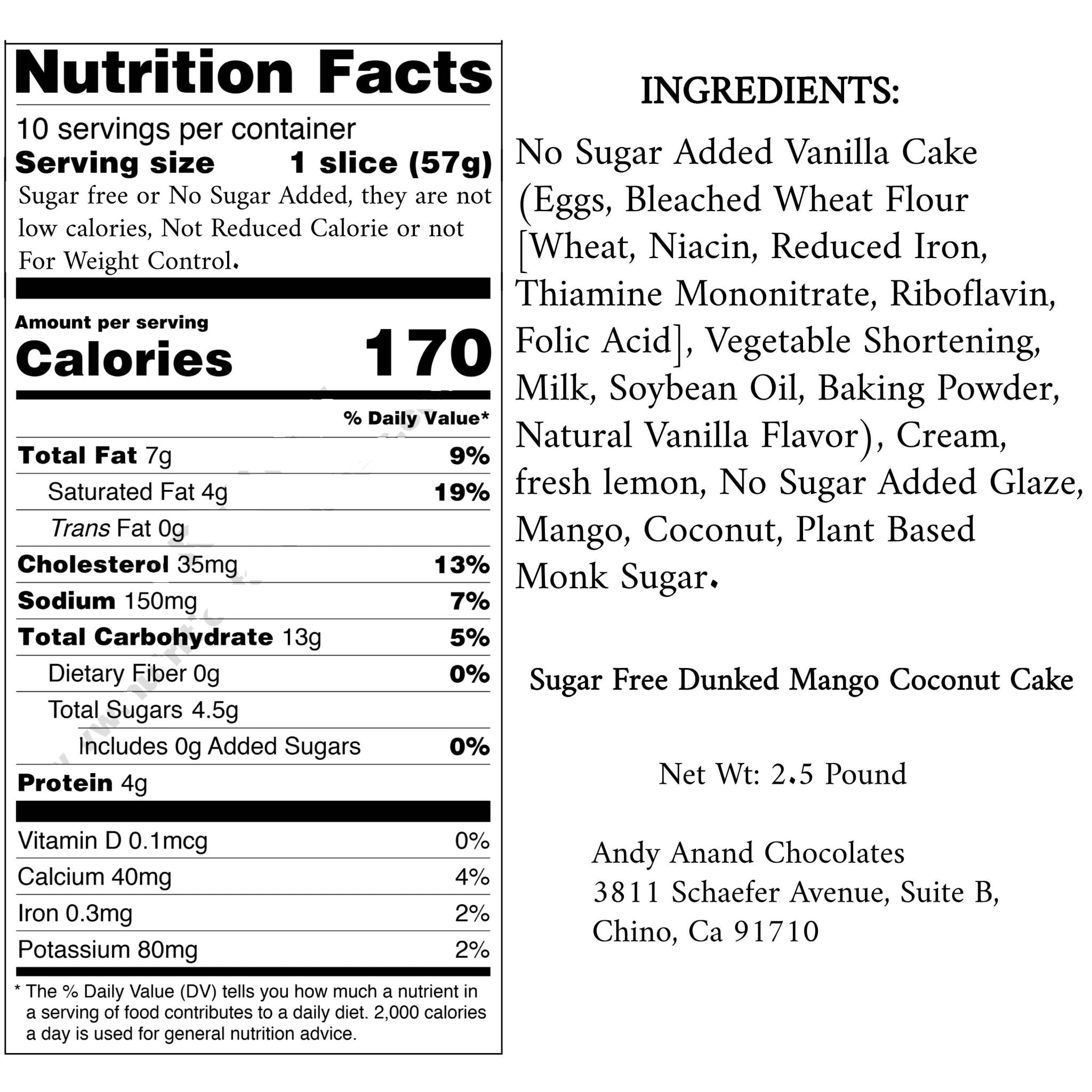 Andy Anand Sugar Free Coconut Cake, Mango Dessert 2.5lbs a moist Mango delight infused, ingredients & Nutrition Facts Details