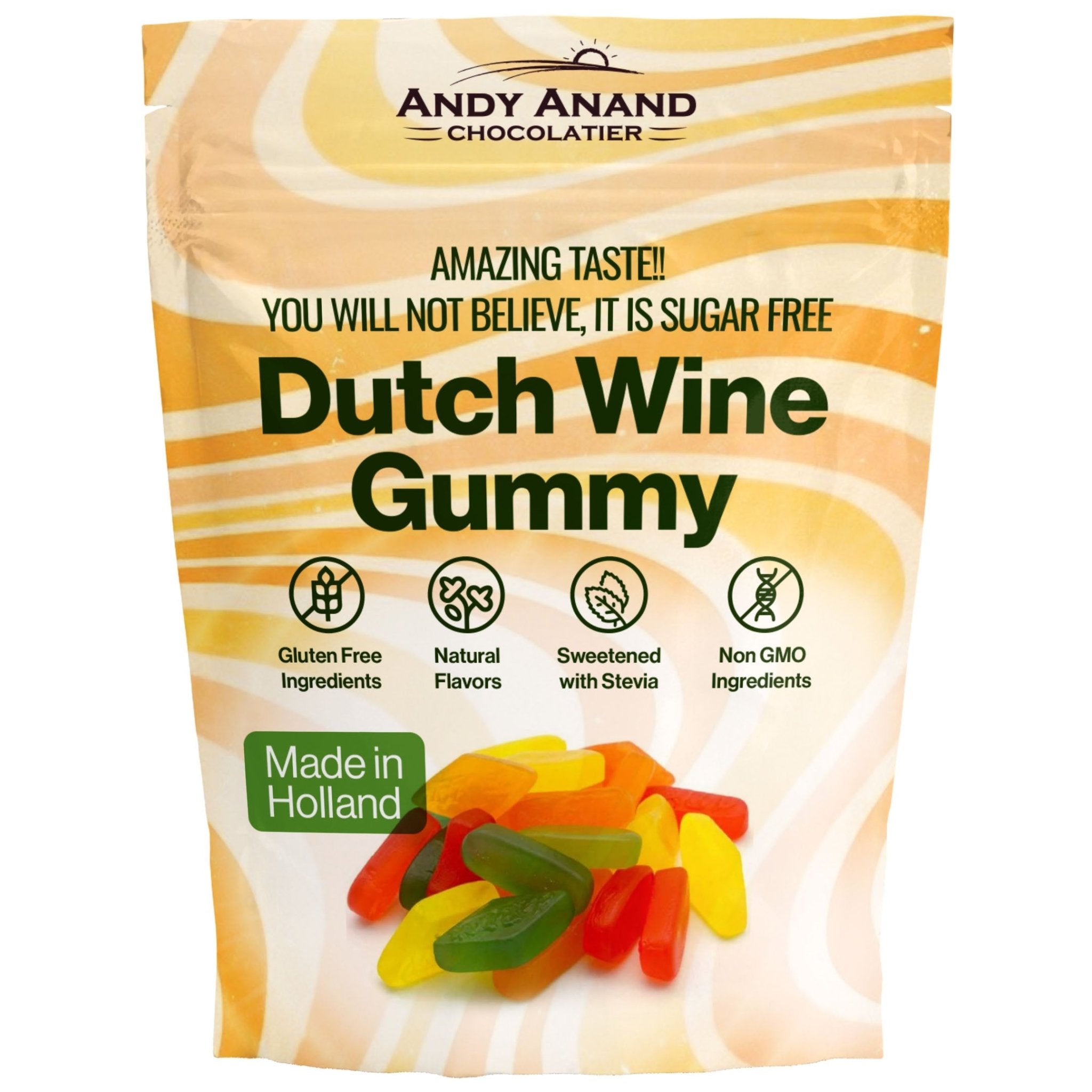 Sugar-free Dutch wine gummies by Andy Anand, fruity flavors, gluten-free, imported from Holland, 7 oz.