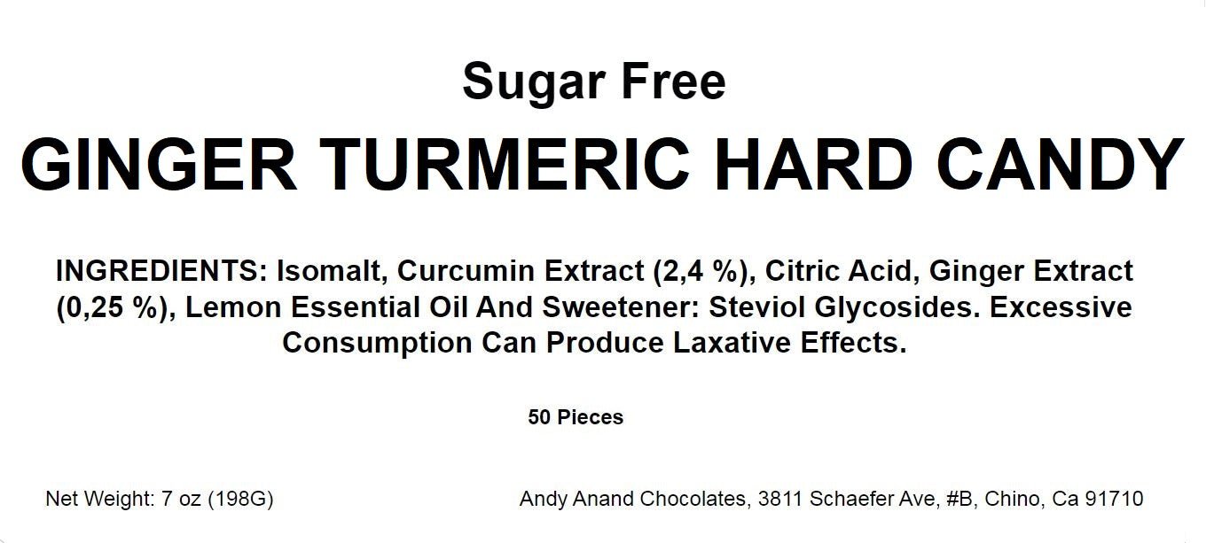 Sugar Free Ginger Turmeric Hard Candy Delectable sugar-free ginger and turmeric hard candy from Andy Anand Chocolates, a delightful zero-sugar, keto-friendly treat with the natural benefits of ginger and turmeric. All Products, Products, Sugar Free Candy.