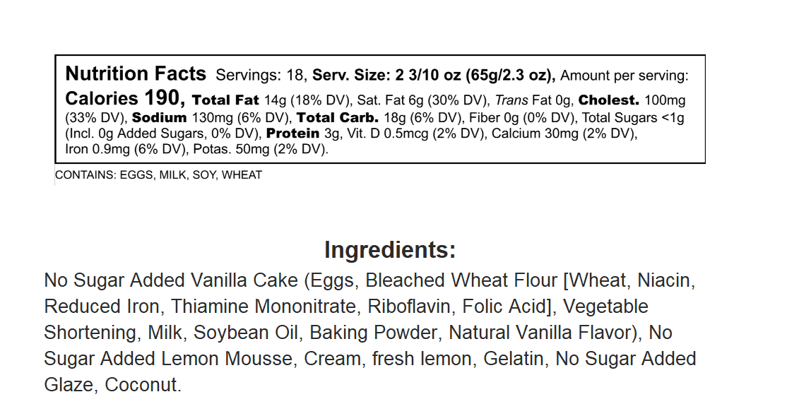 Nutrition facts & Ingredients page of Andy Anand lemon mousse cake, 3 lbs, sugar-free bakery dessert with coconut garnish.