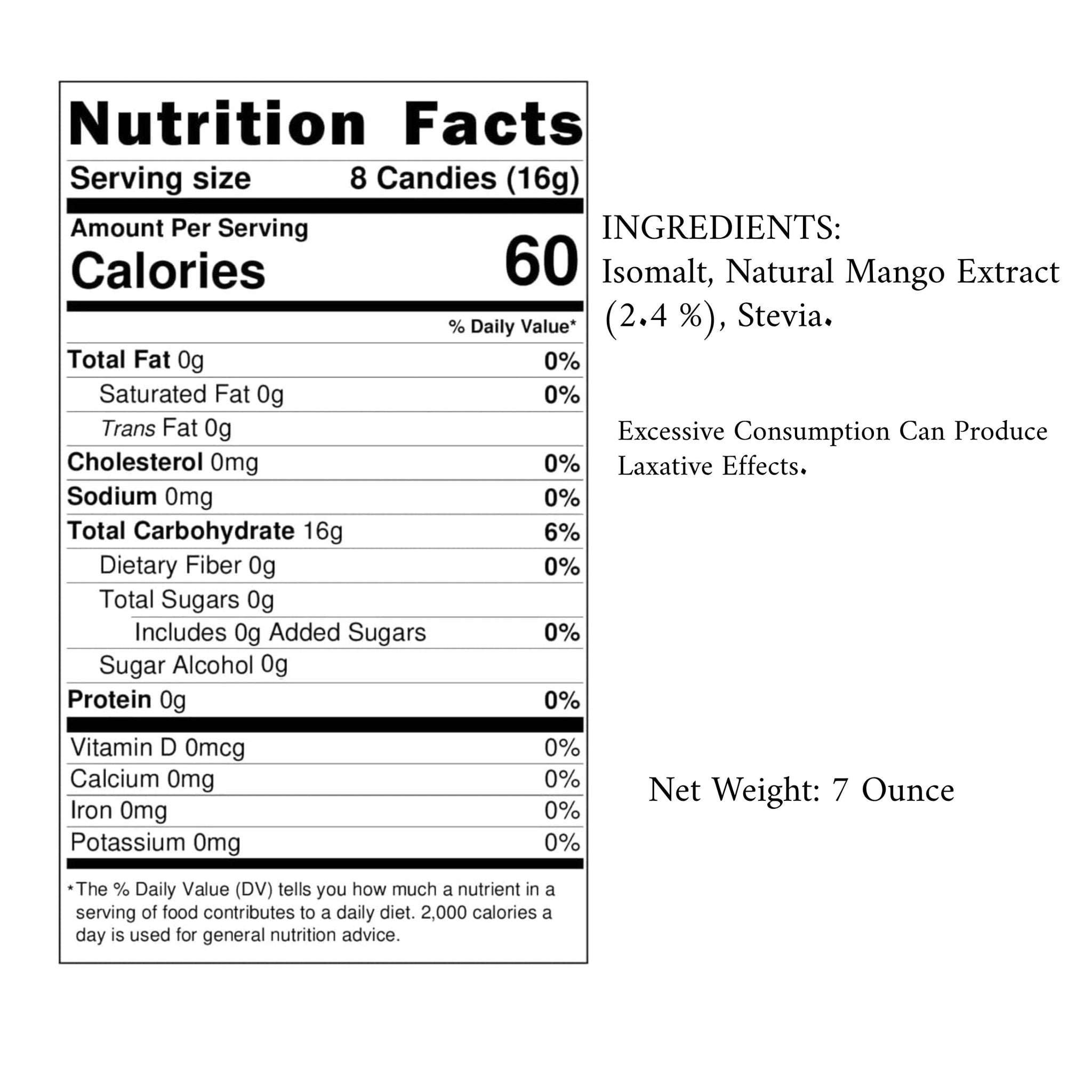 Andy Anand sugar-free mango candy nutrition facts and ingredients page, stevia-sweetened European hard candy.