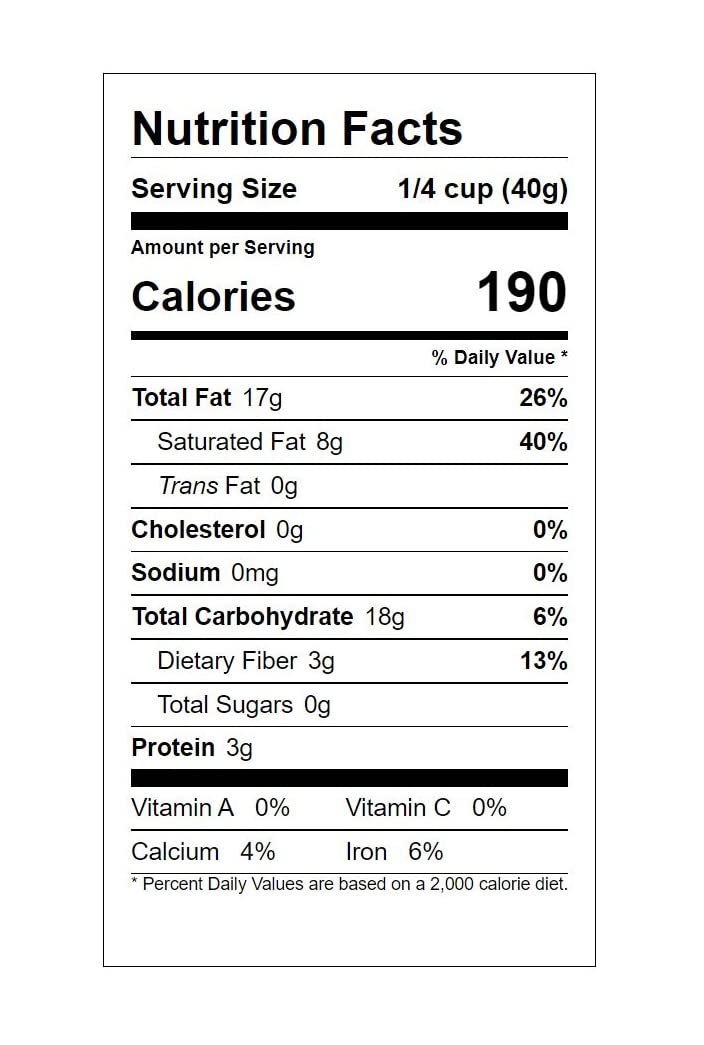Nutrition facts label for Sugar Free Milk Chocolate Almond showing calories, fat, carbohydrates, protein, and vitamins per serving size of 1/4 cup (40g)