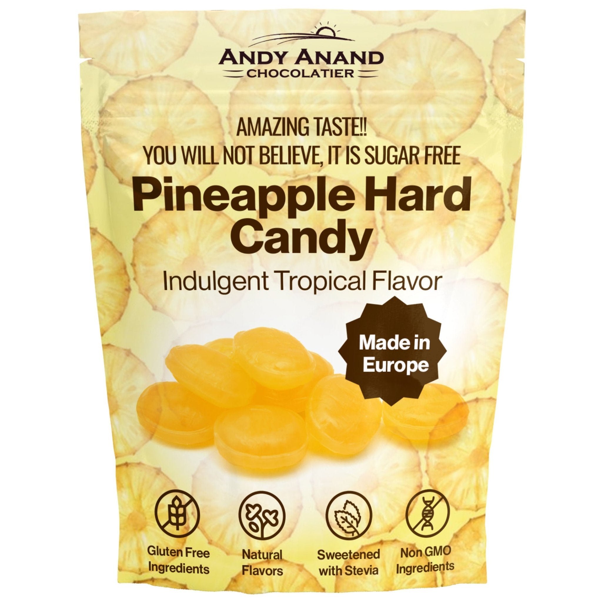 Andy Anand Sugar Free Pineapple Candy , 7 oz pack, indulgent tropical flavor, sweetened with stevia.