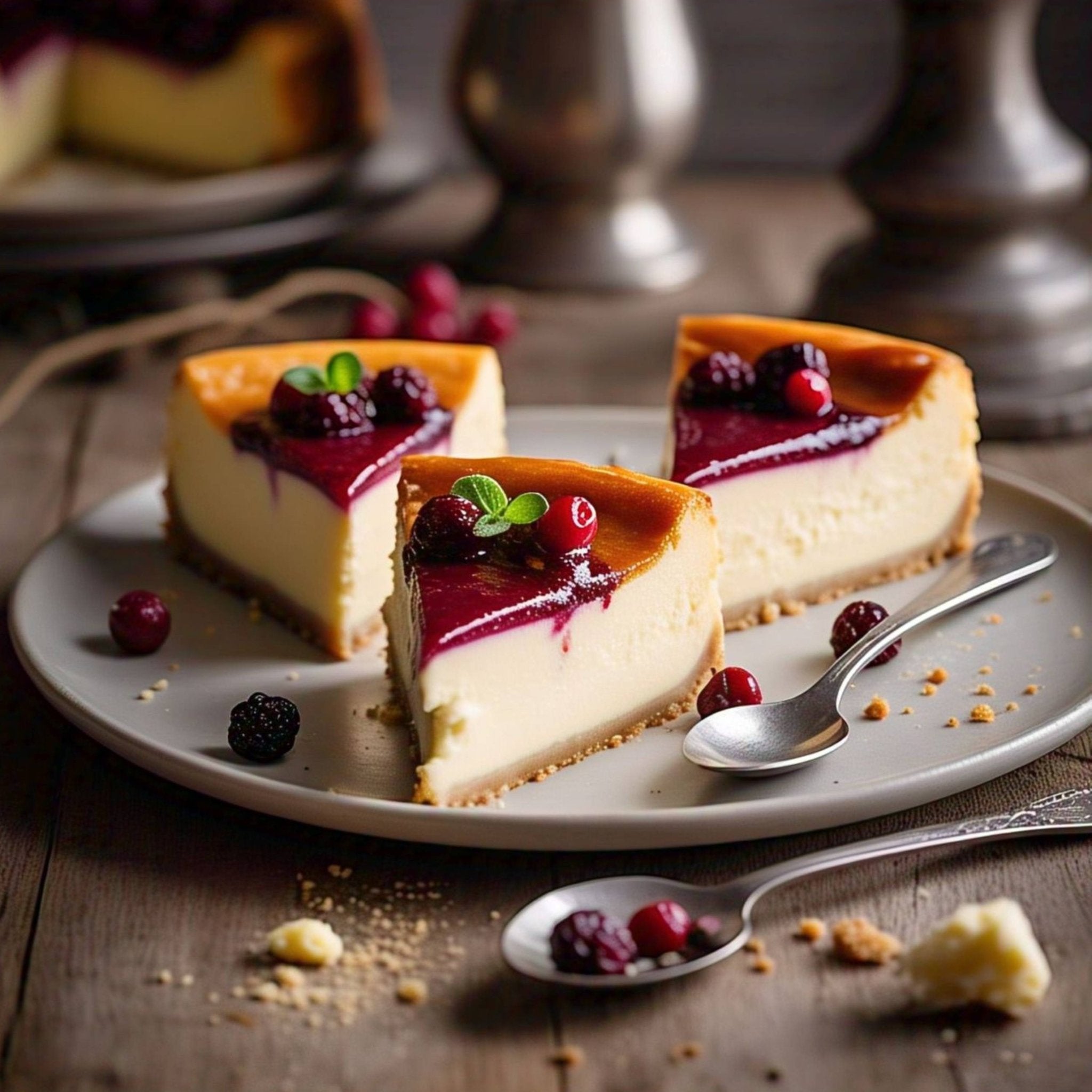 Three slices of Andy Anand freshly baked raspberry cheesecake topped with fresh berries and mint leaves on a white plate with a spoon on wooden table