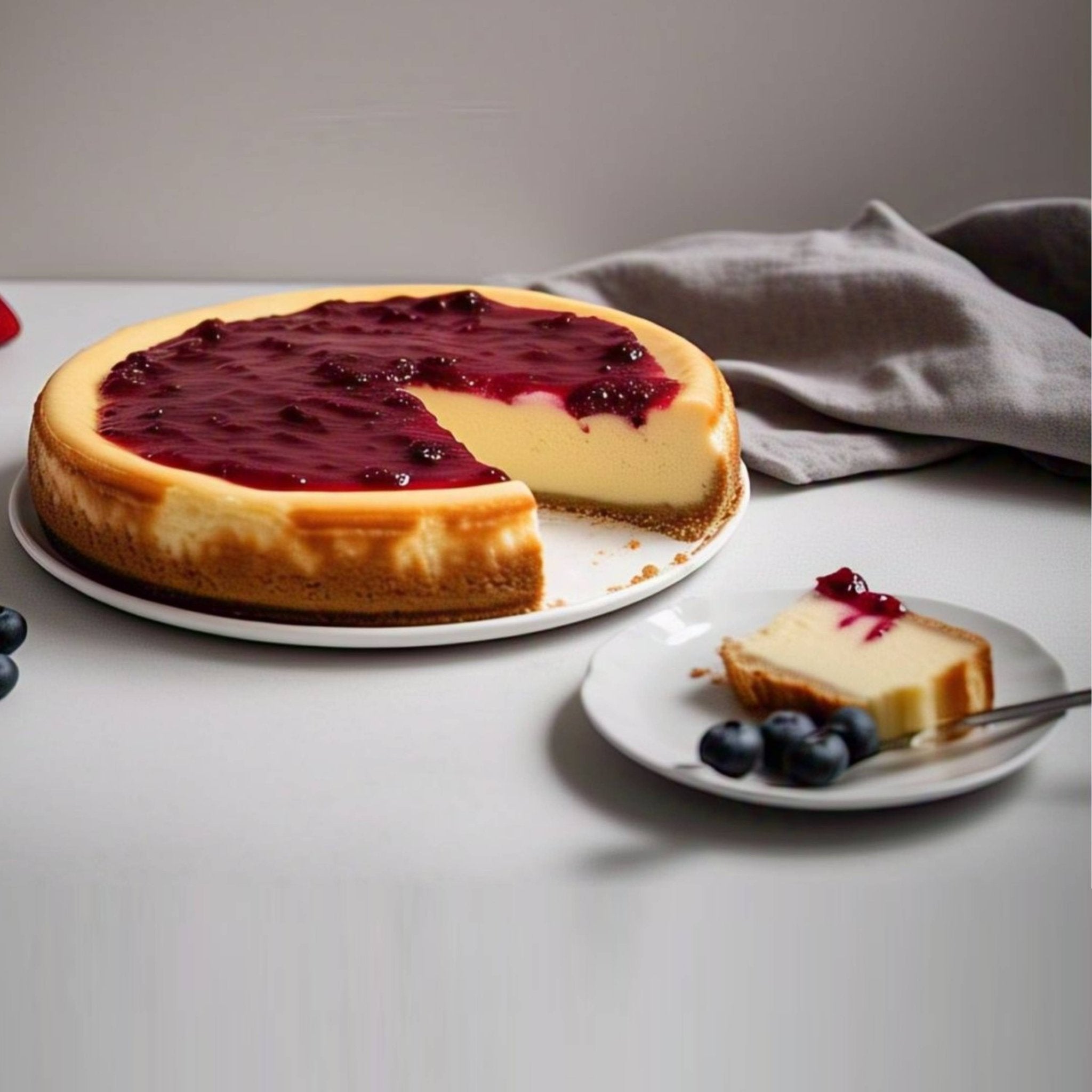 Andy Anand freshly baked 9" raspberry cheesecake with a slice served on a plate with blueberries & a fork, with cloth napkin.