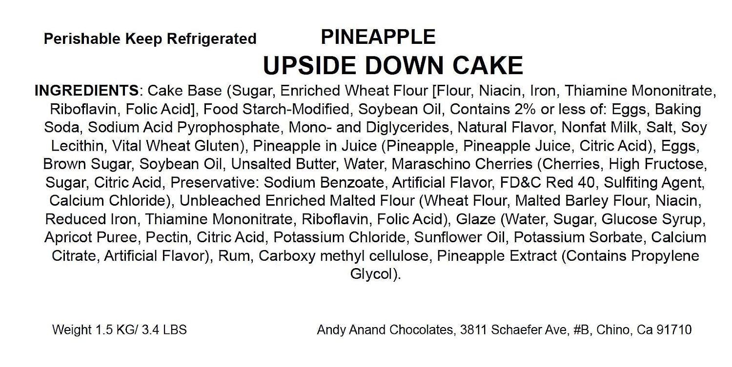 Andy Anand Traditional Pineapple Upside Down Cake 10-inch freshly baked homemade style cake with pineapple and cherries topping.