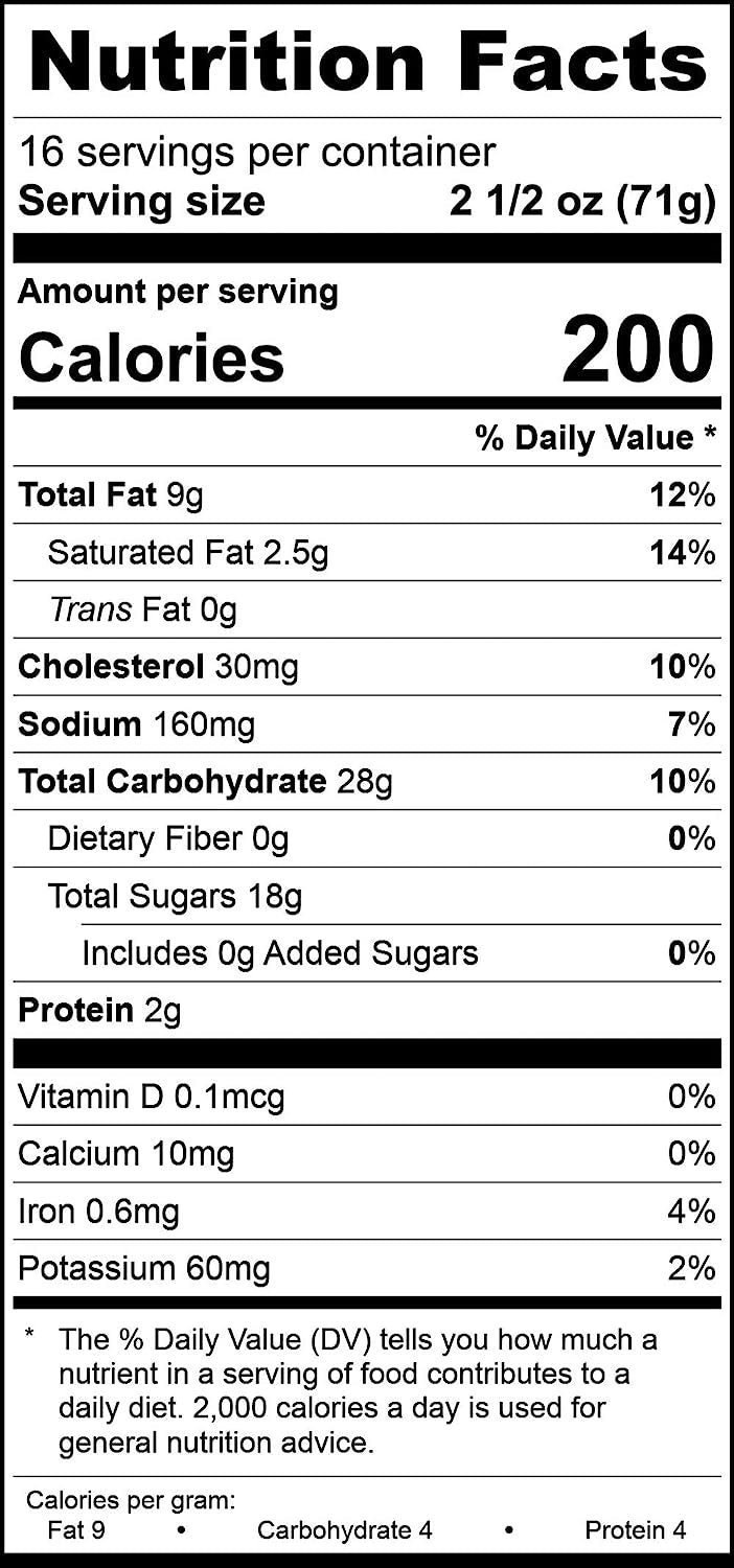 Nutrition facts label for Andy Anand Traditional Pineapple Upside Down Cake showing calories, fat, sodium, carbohydrates, sugars, and protein per serving.