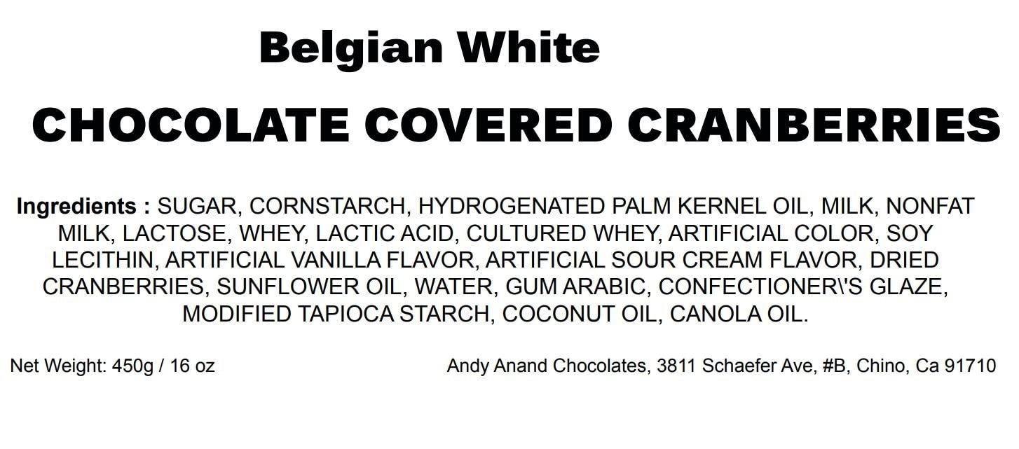 White Chocolate Cranberry Belgian chocolates with creamy white chocolate coating and dried cranberries, 1 lb packaging.