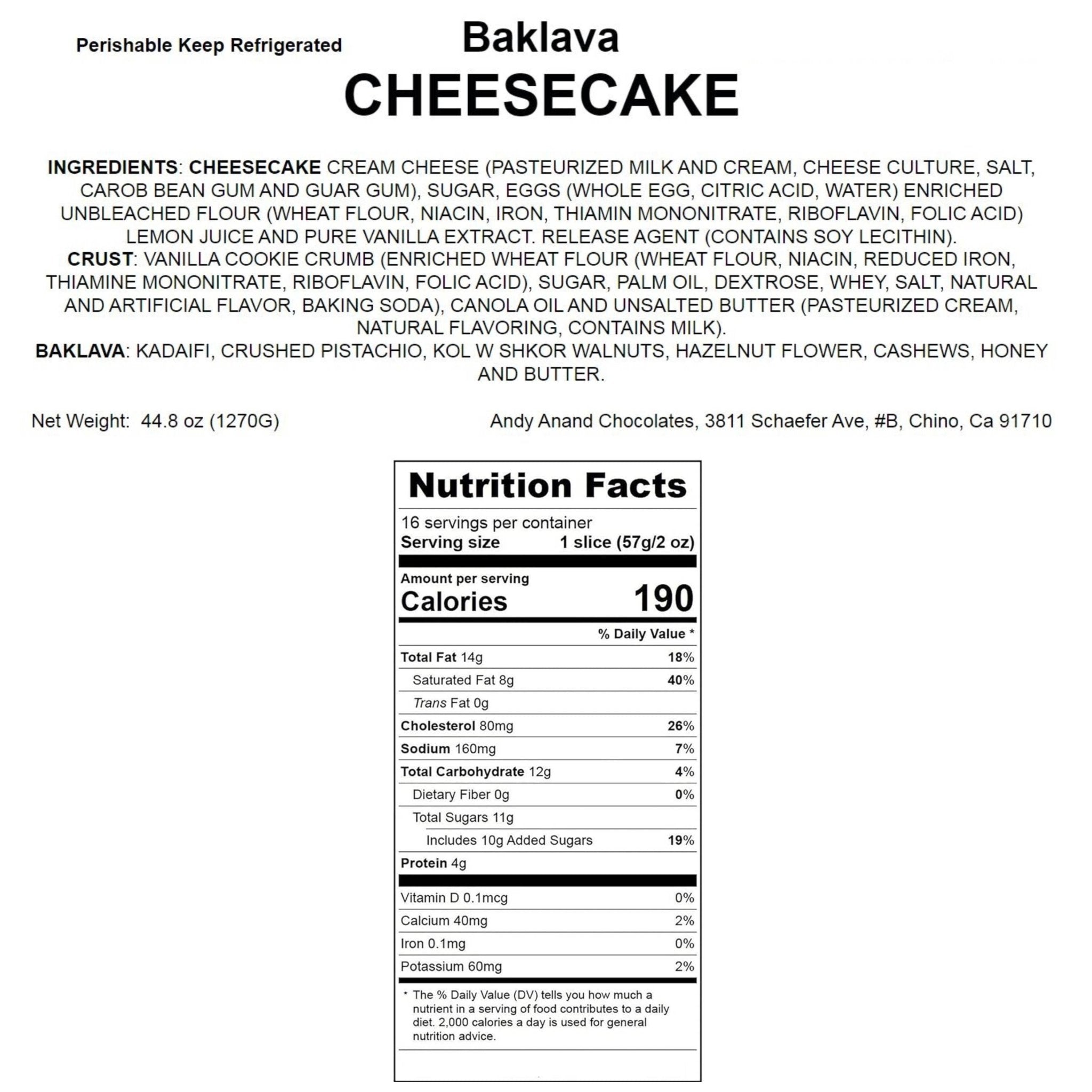 Andy Anand Chocolates Food & Beverages > Desserts & Sweets > Bakery > Cheesecake Andy Anand Baklava Cheesecake, 9-Inch, 2.8 lb – Turkish Honey & California Cream Fusion, Pistachio & Walnut, Gourmet Birthday Gift Box Baklava Cheesecake 9 inch 2.8 lb | Hand-Baked, Nationwide