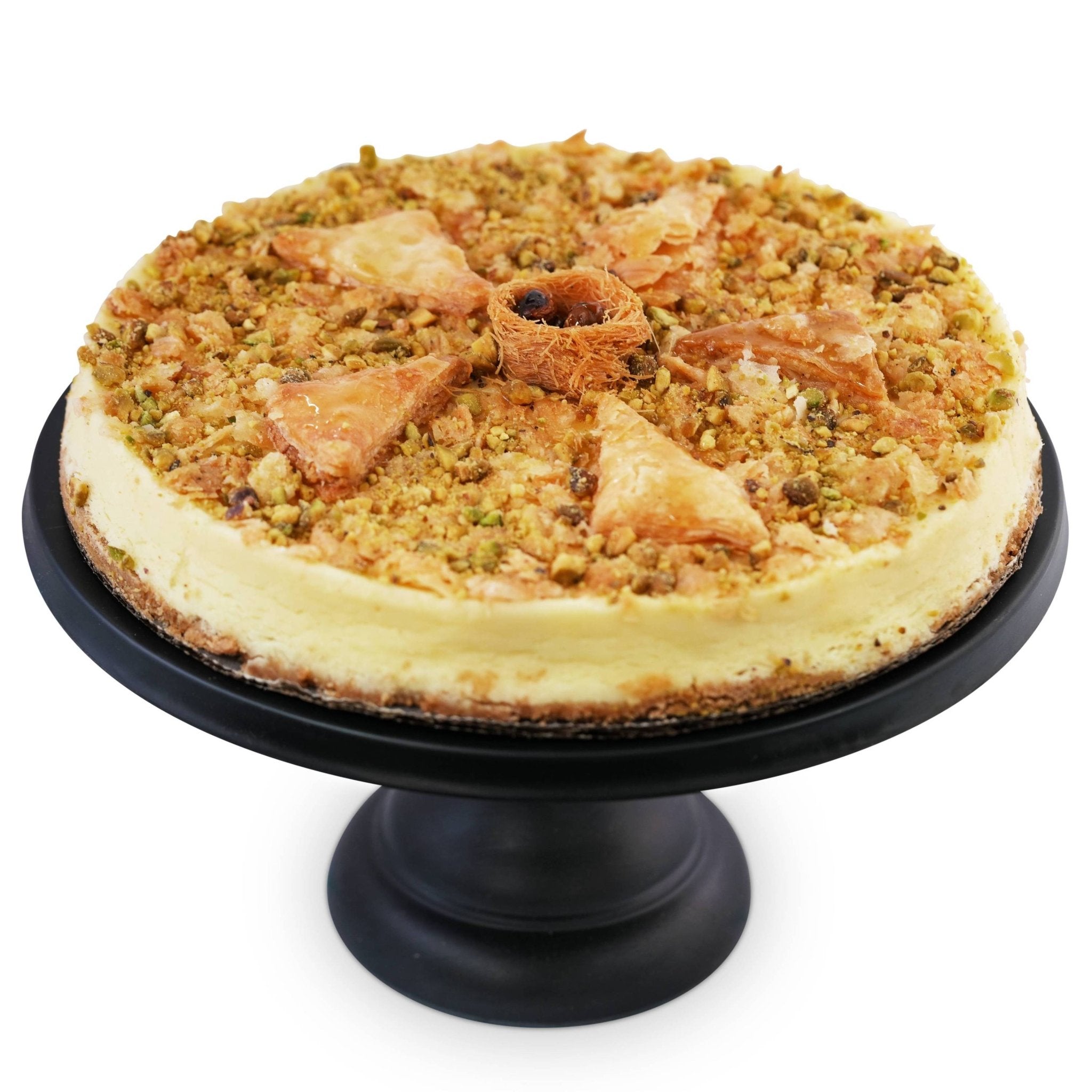 Andy Anand 9-inch Baklava Cheesecake, 2.8 lbs, honey baklava topping, beautifully plated for aesthetic presentation.