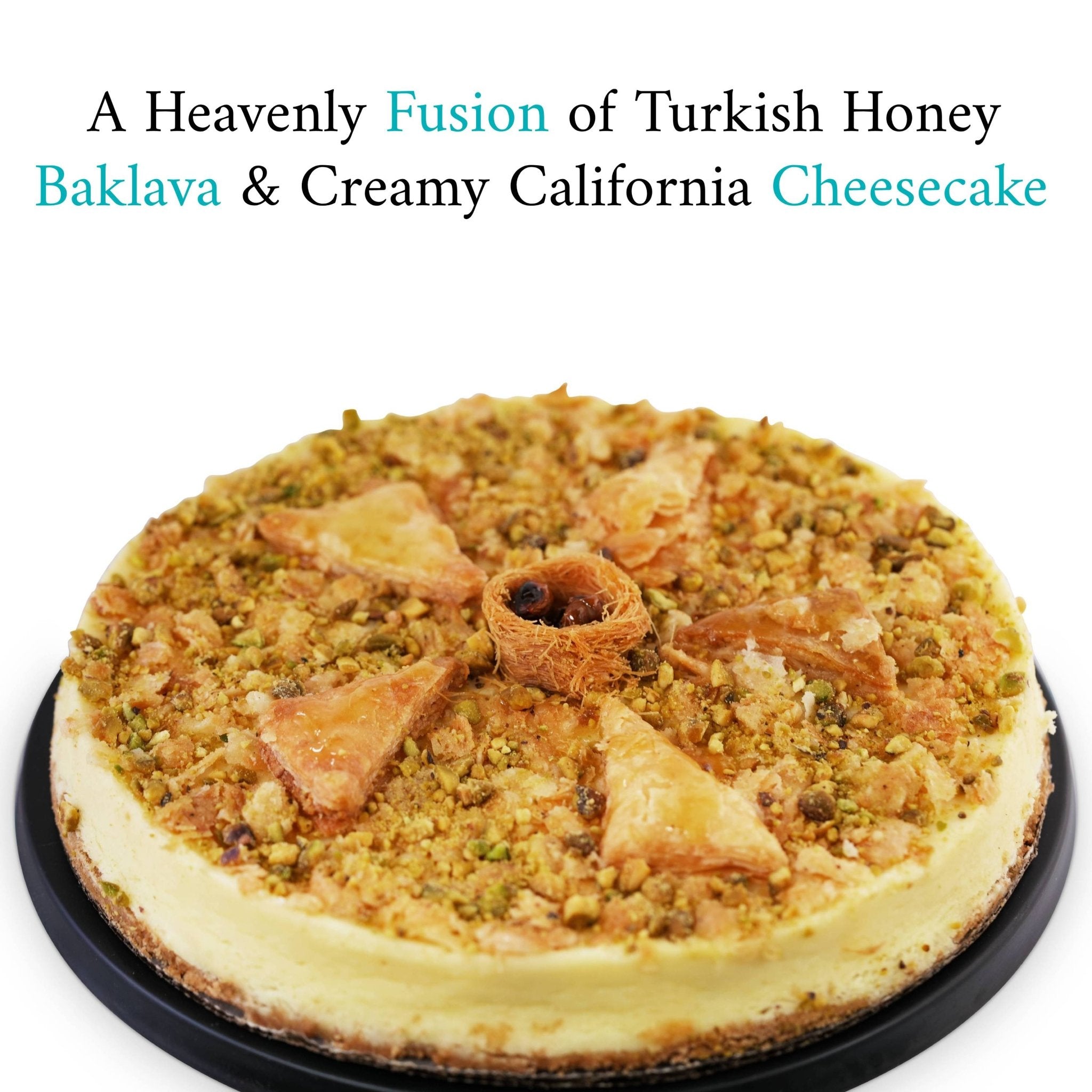 Andy Anand 9-inch Baklava Cheesecake, 2.8 lbs, heavenly fusion of Turkish honey baklava and creamy California cheesecake.