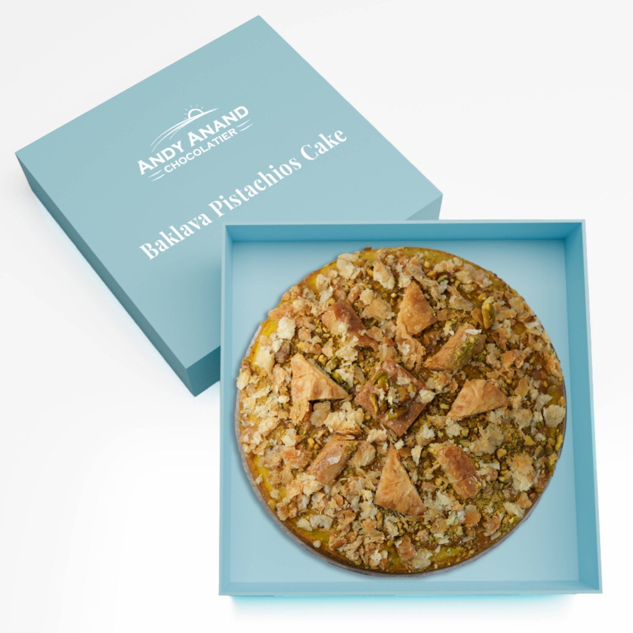 Andy Anand Chocolates Food & Beverages > Desserts & Sweets > Bakery > Cake Andy Anand Baklava Pistachio Cake, 9-Inch, 2.8 lb – Turkish Baklava & California Pistachio Fusion, Freshly Baked, Birthday Gift Box Baklava Pistachio Cake 9 inch | Hand-Baked, Nationwide