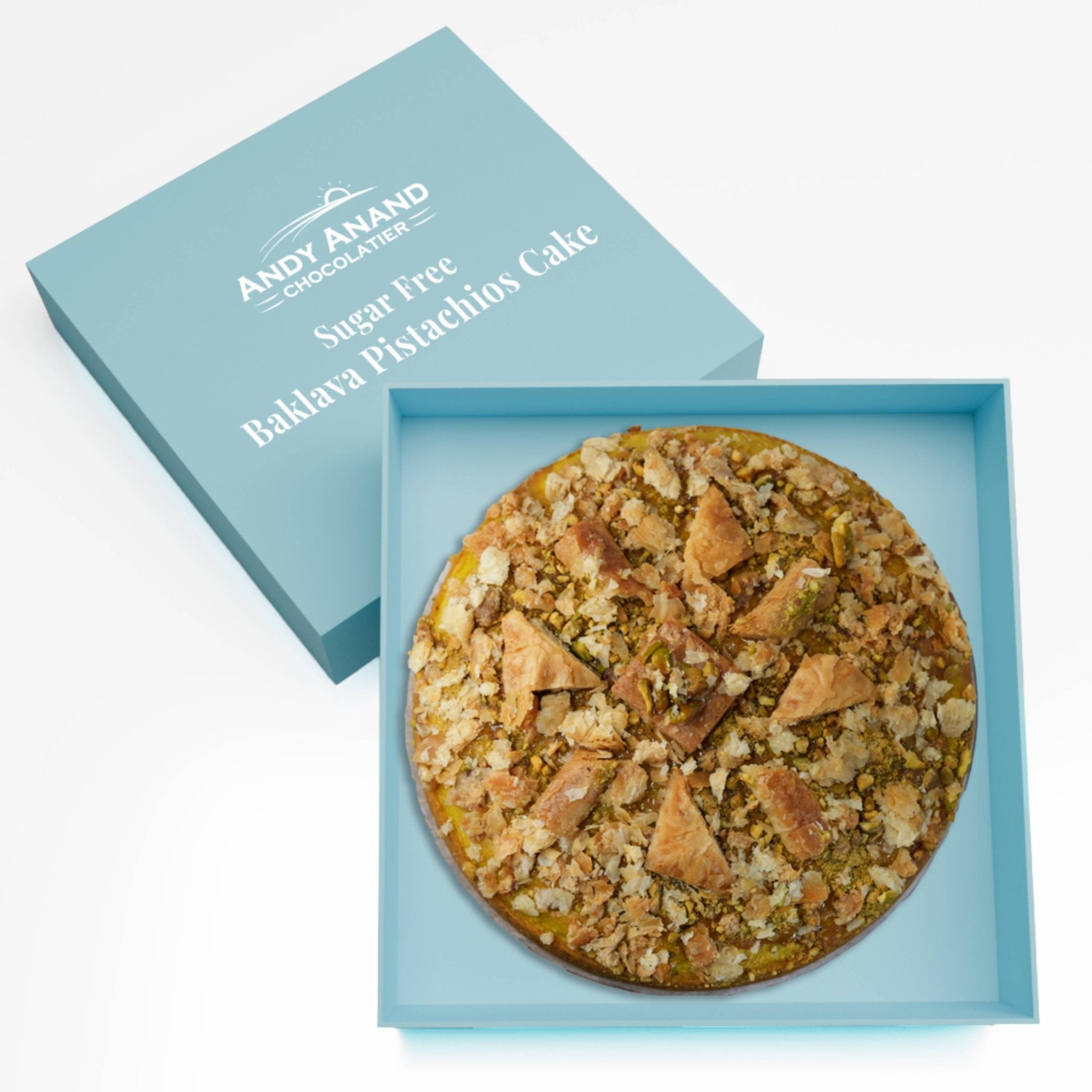 Andy Anand Chocolates Food & Beverages > Desserts & Sweets > Cakes > Sugar-Free Cakes Andy Anand Sugar-Free Baklava Pistachio Cake, 9-Inch, 2.8 lb – Turkish & California Fusion, Keto, Diabetic-Friendly Birthday Gift Box Sugar-Free Baklava Pistachio Cake | Keto & Diabetic-Friendly