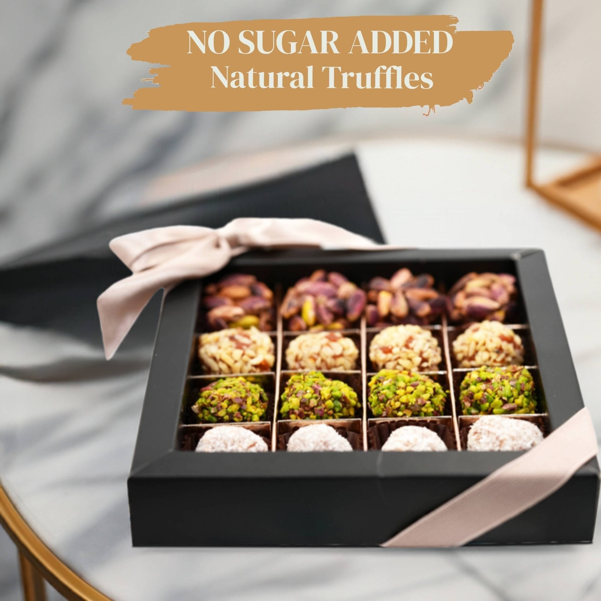16-piece Sugar Free Truffles with dates, pistachio, hazelnut, and coconut, Andy Anand, and packed in a luxury box