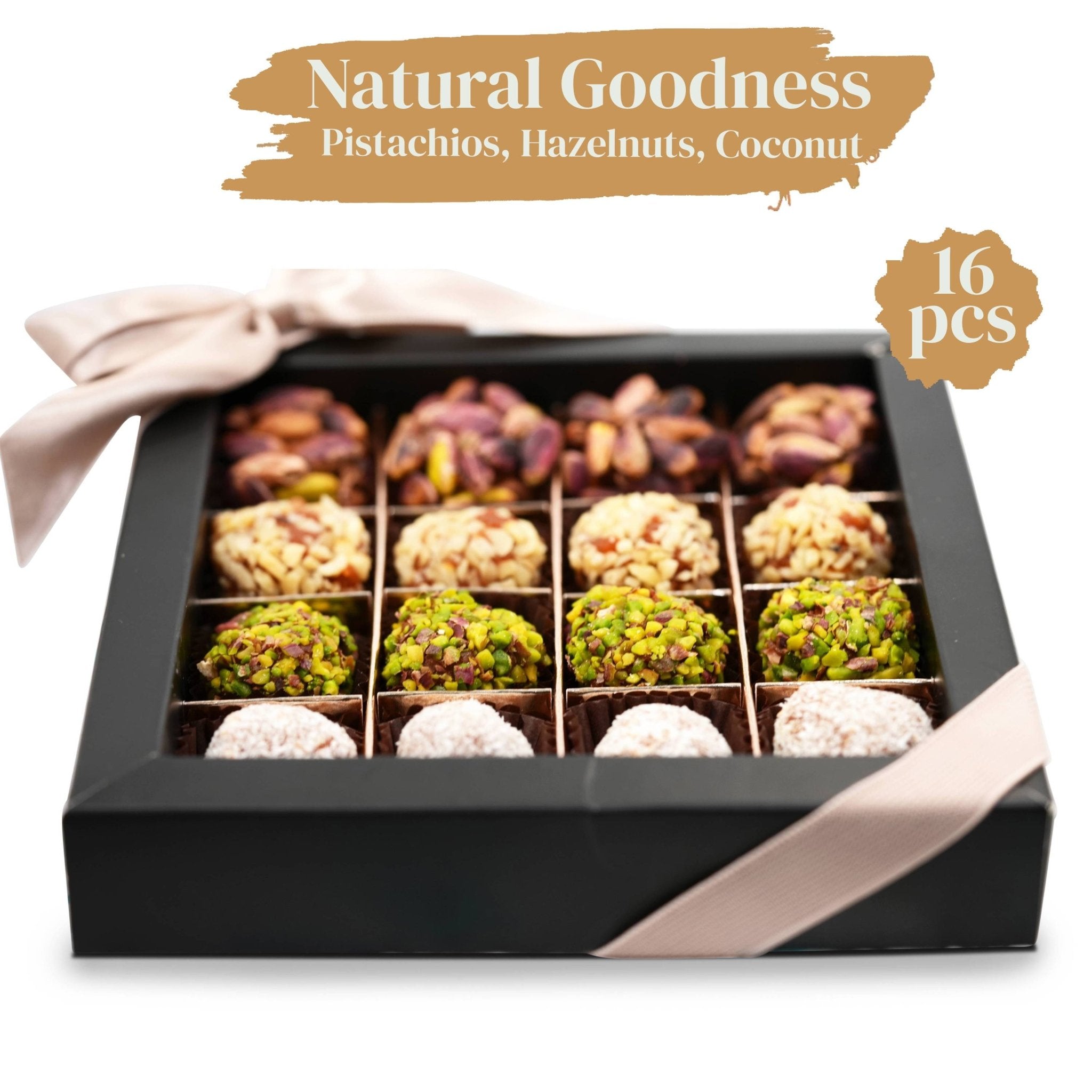 Gourmet Sugar Free Truffles with natural dates, nuts, and coconut, 16 pcs, natural goodness packed in a beautiful box.