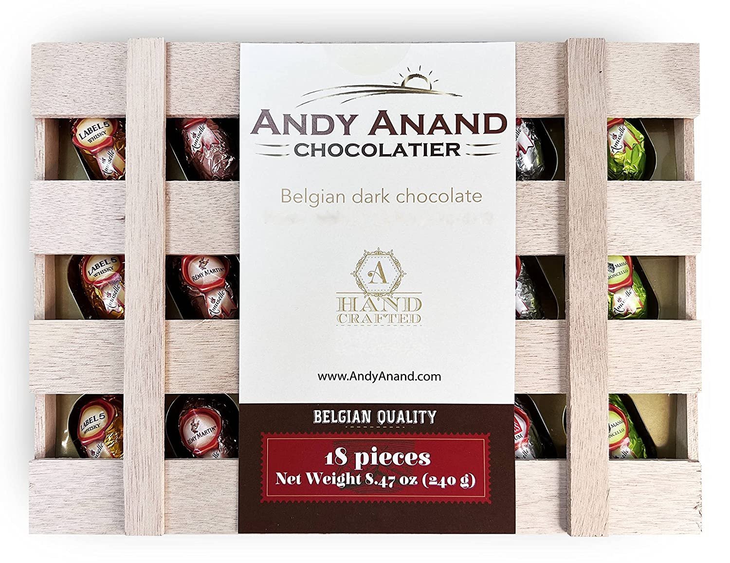 Andyanand Food & Beverages > Desserts & Sweets > Chocolate Andy Anand European Vegan Dark Chocolate Cocktail Bottles, 18 pc – Non-Alcoholic, Wooden Gift Box, 60% Cacao, Birthday & Holiday Gift Vegan Cocktail Chocolate Bottles 18 pc | Wooden Box