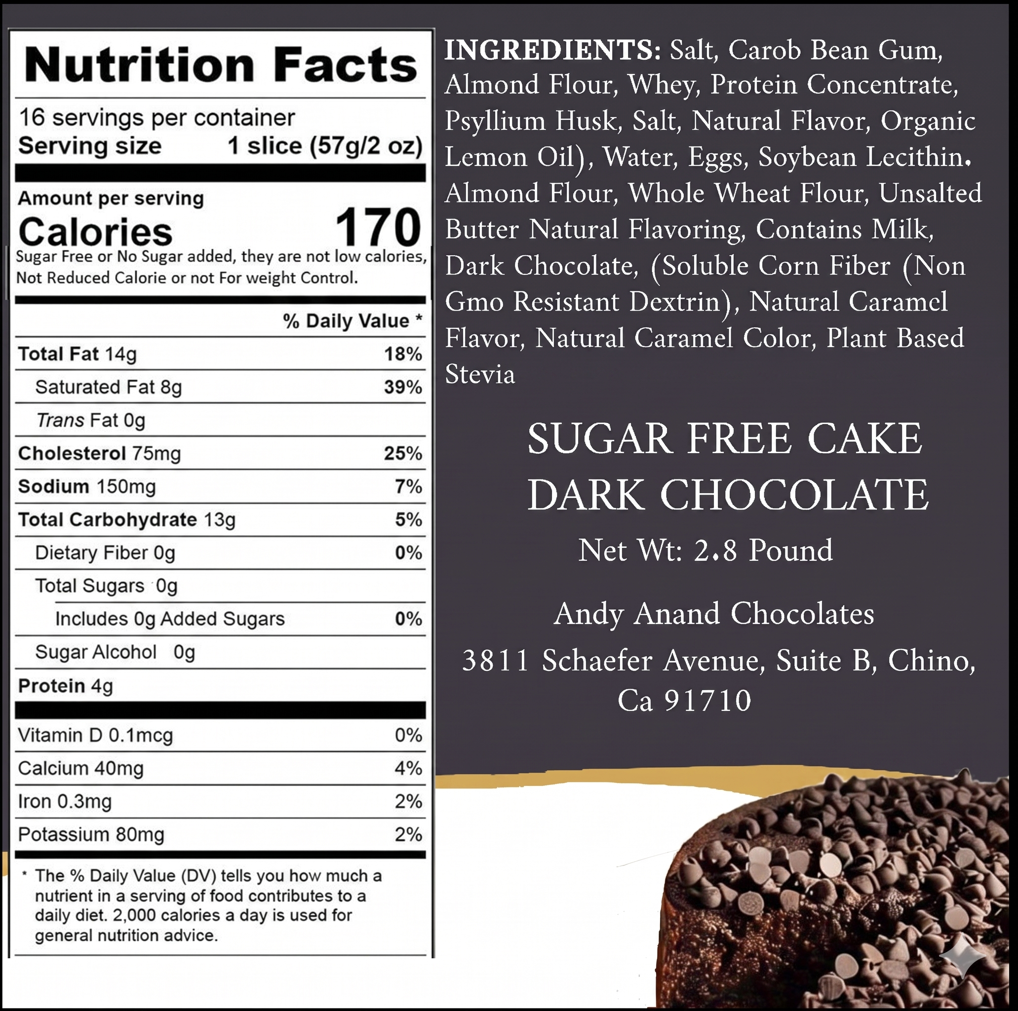 Andy Anand Sugar-Free Ginger Dark Chocolate Chip Cake (2.8 lbs) | Keto & Diabetic-Friendly | SoCal Bakery — image 2