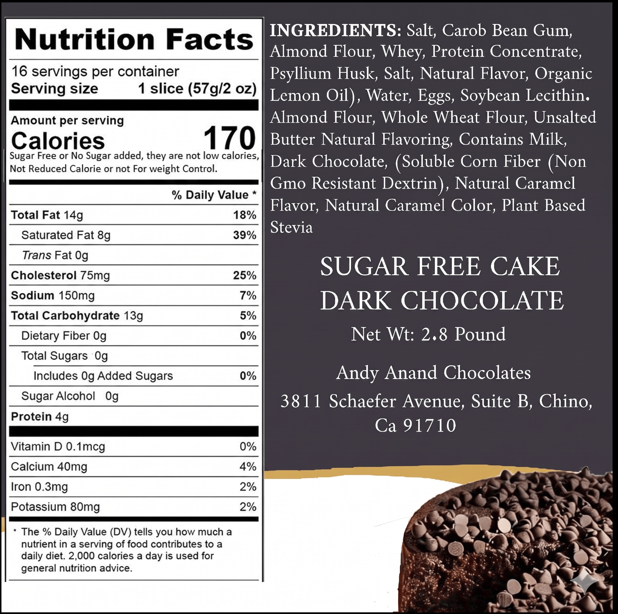 Andy Anand Sugar-Free Ginger Dark Chocolate Chip Cake (2.8 lbs) | Keto & Diabetic-Friendly | SoCal Bakery — image 2