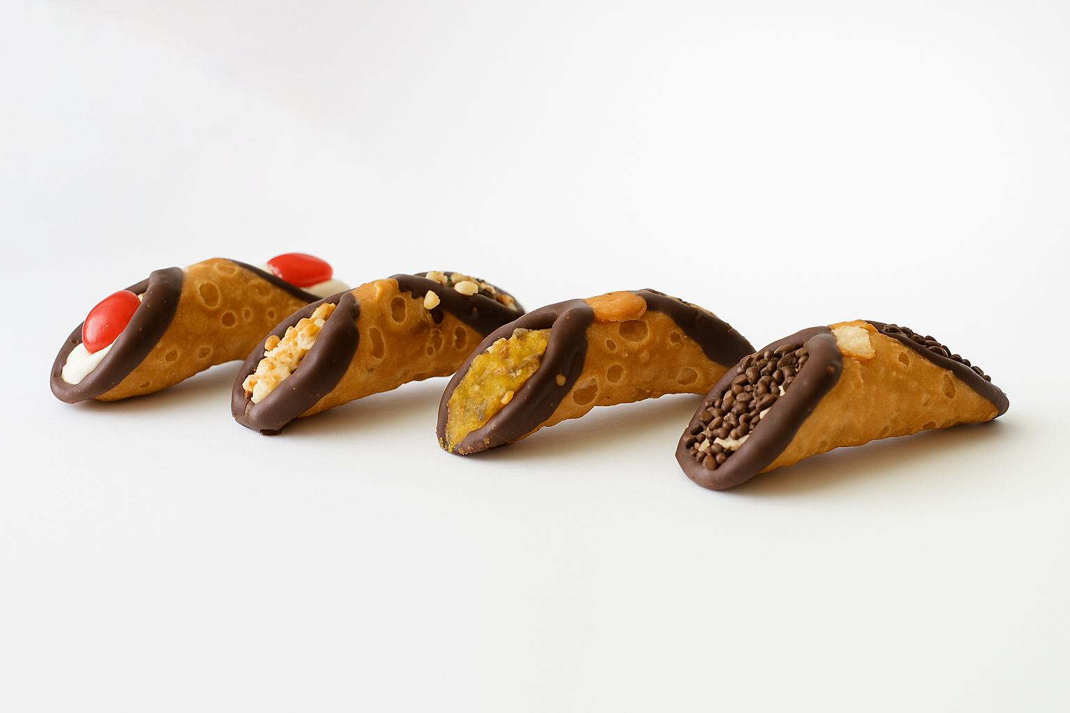 Delicious Andy Anand Chocolate Cannoli 8 Pcs, Sicilian dessert, assorted flavors, arranged aesthetically on plate.