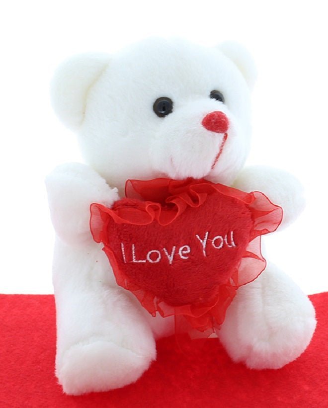 White soft teddy bear holding red heart pillow embroidered with "I Love You" text