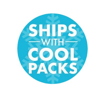 Image of a blue circle stating 'Ships with Cool Ice Pack', promoting secure shipment of chocolate gift boxes.