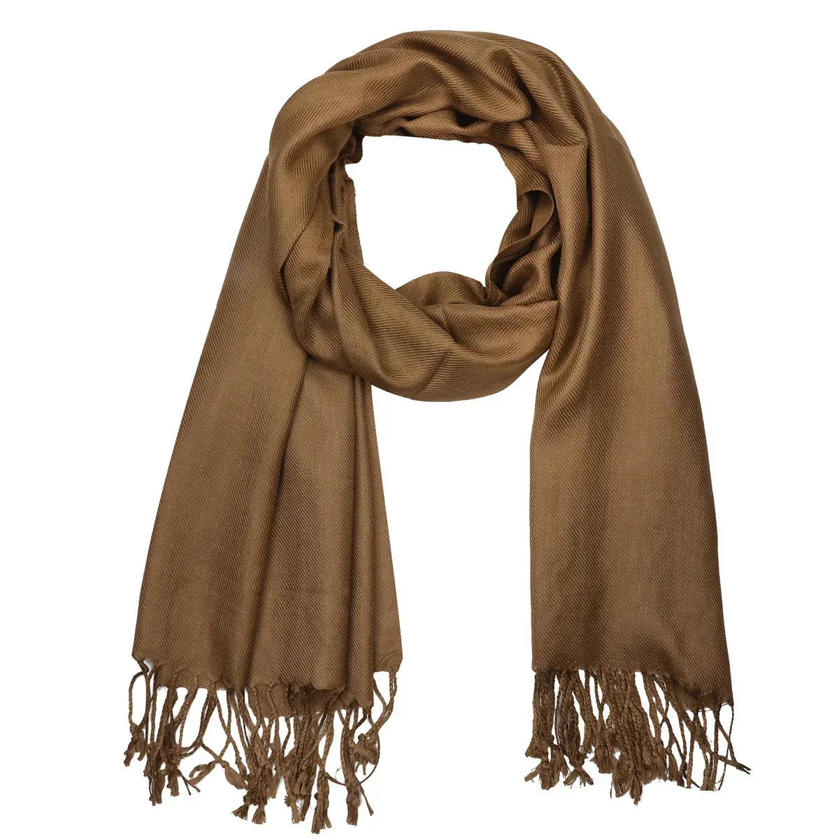 Soft brown silk blend Pashmina shawl with delicate eyelash fringe and large size for versatile styling