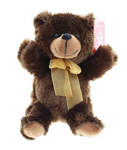 Plush teddy bear with gold bow, soft and cuddly 8-inch gift.