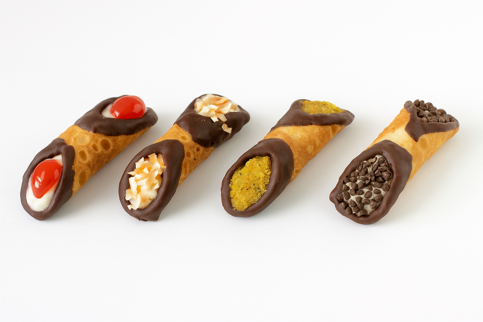 Andy Anand Chocolate Cannoli 8 Pcs, Italian Sicilian creamy dessert in 4 flavors, beautifully arranged on a tray.