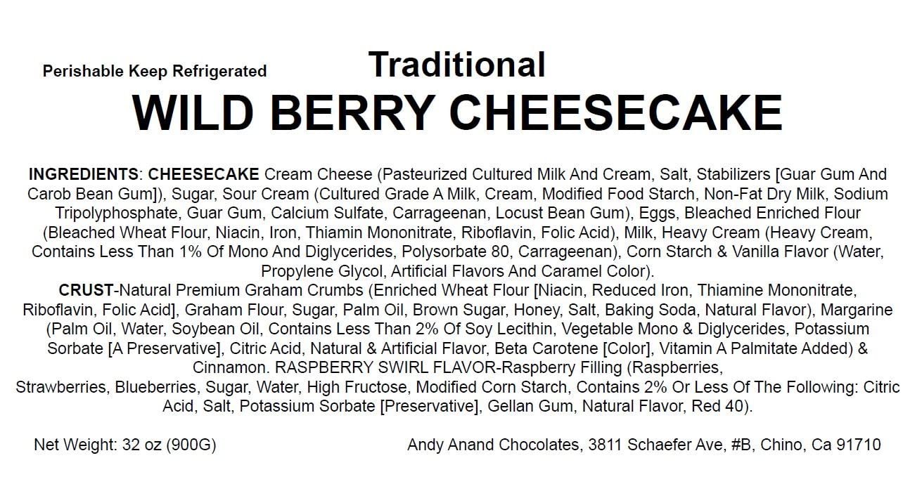 Wild Berry Cheesecake Traditional Wild Berry Cheesecake 9" by Andy Anand Chocolates: Indulge in a handcrafted, creamy and delicious cheesecake with a blend of fresh berries, made using traditional methods for an authentic taste. All Products,Products,Cheesecake Regular.