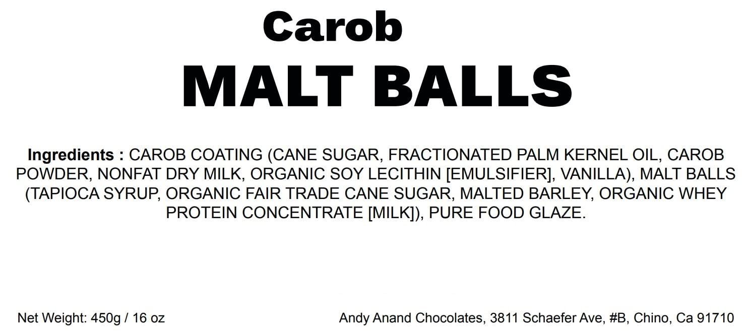 Image of Andy Anand Carob Malt Balls packaging displaying the ingredients and nutritional information for a 1-pound box. Ingredients include carob coating, malt balls, and other organic components. Andy Anand Chocolates, All Products, Products, Malt Balls, Carob.