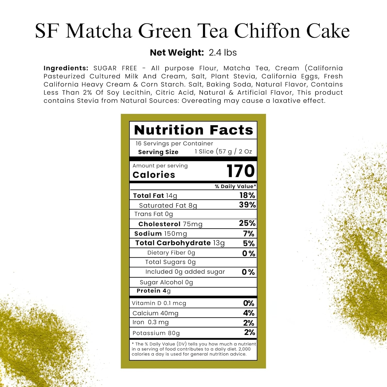 Andy Anand Sugar Free Matcha Green Tea Chiffon Cake - 2.4 lbs Decadent & Airy Gourmet Dessert, Keto & Diabetic Friendly, No Added Sugar, Artisan Handcrafted Healthy Gift Boxed