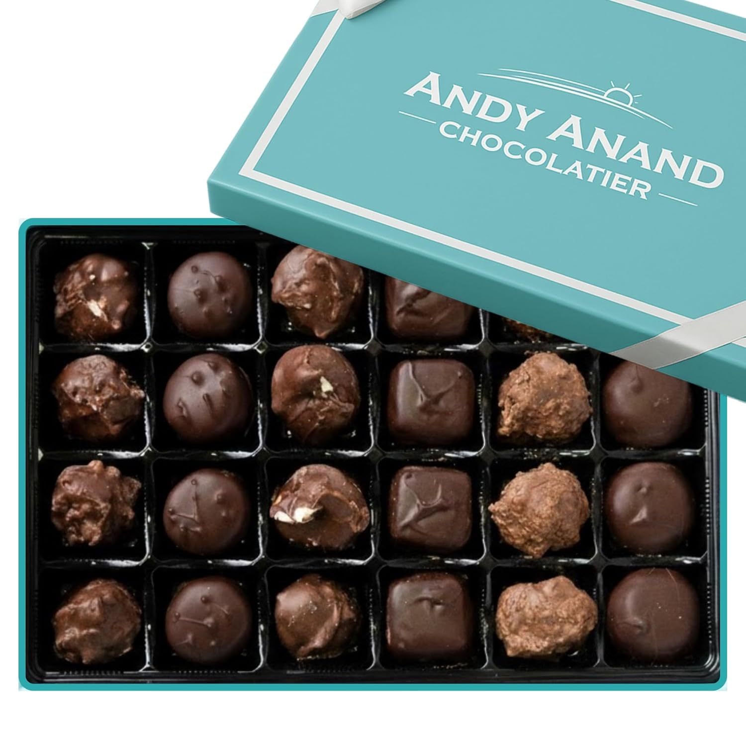 Andy Anand Sugar Free Chocolate Sampler : Caramels, Butter Creams, and Clusters (60% Cocoa Butter) on a white background