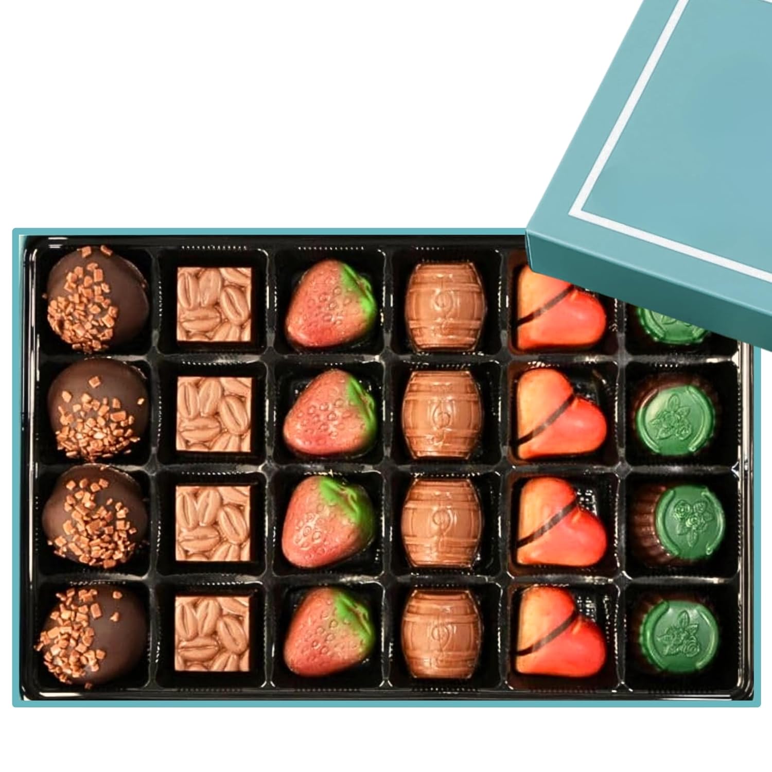 Assorted Chocolate Truffles Bon Bon Praline Box, Gourmet Chocolate Gift, 60% Chocolate Cocoa Butter gift box with a teal lid
